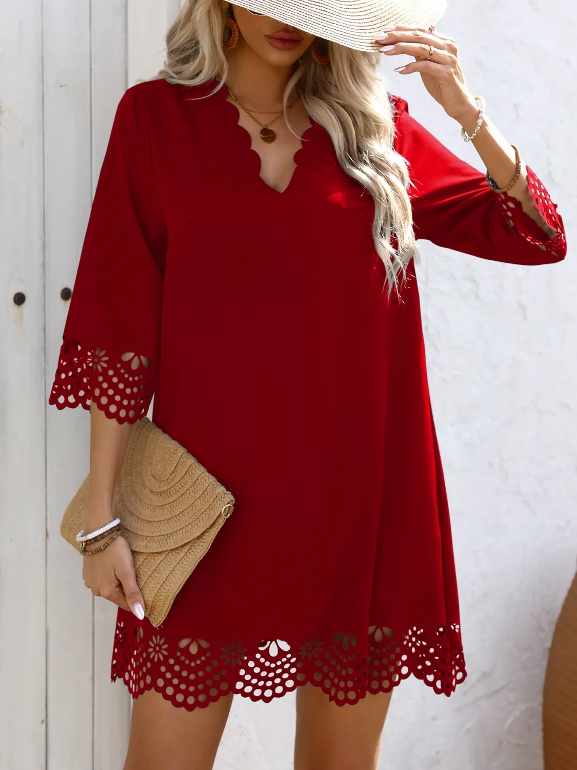 Cutout V-Neck Three-Quarter Sleeve Mini Dress - Image 4