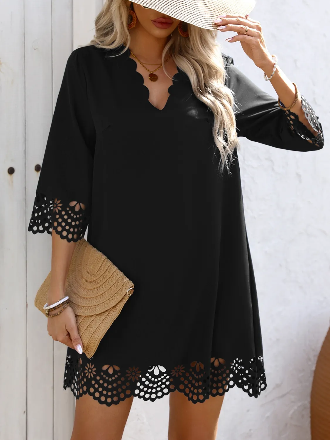 Cutout V-Neck Three-Quarter Sleeve Mini Dress - Image 9