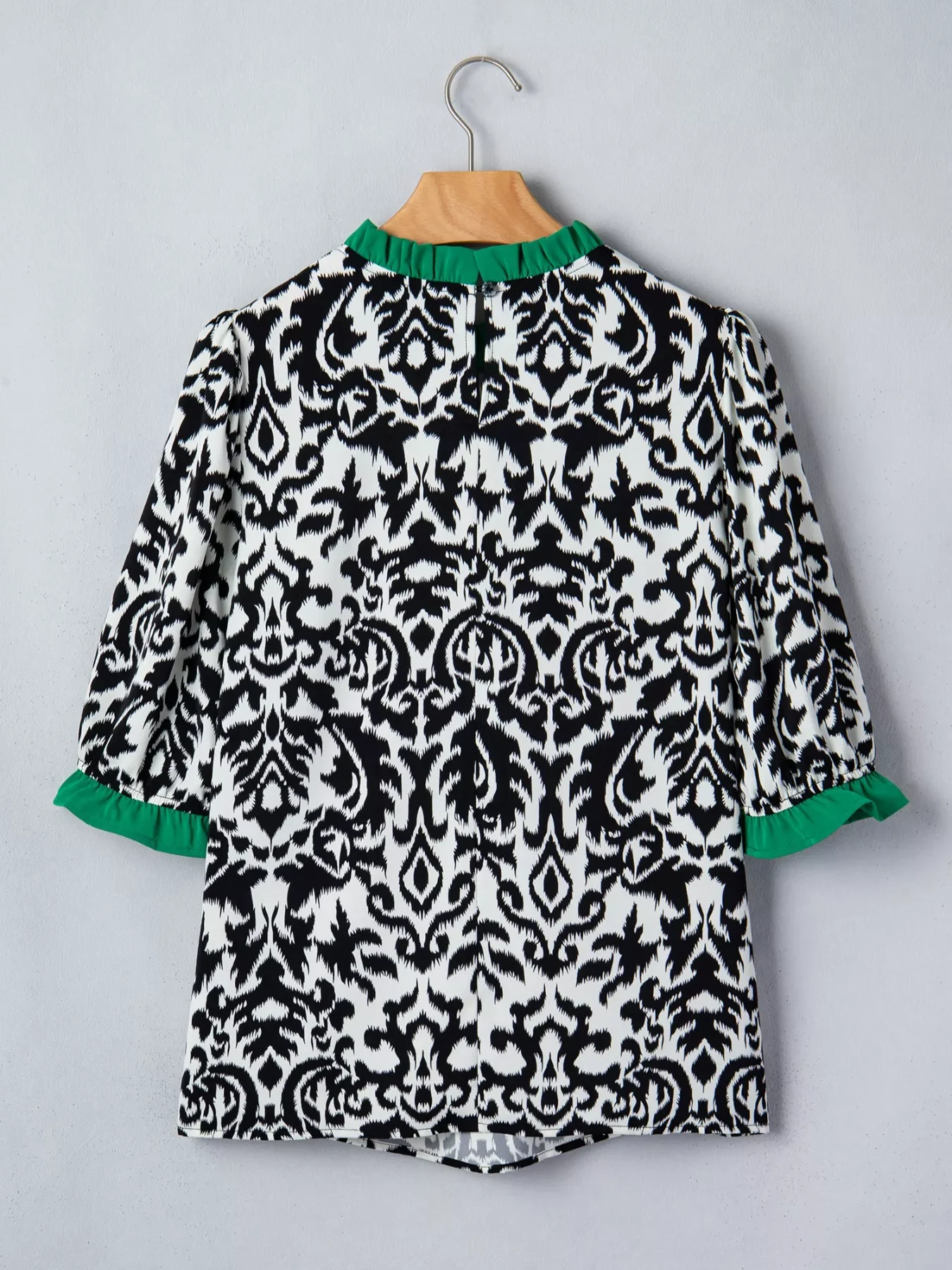 Damask Print Ruffled Color Block Detail Half Sleeve Blouse - Image 8