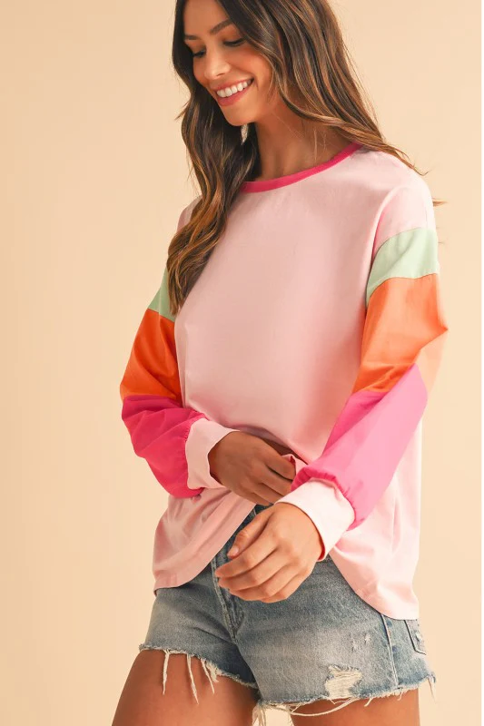 Dark Blue Color Block Sleeve Loose Fit Top - Image 11