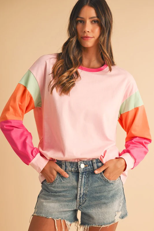 Dark Blue Color Block Sleeve Loose Fit Top - Image 8