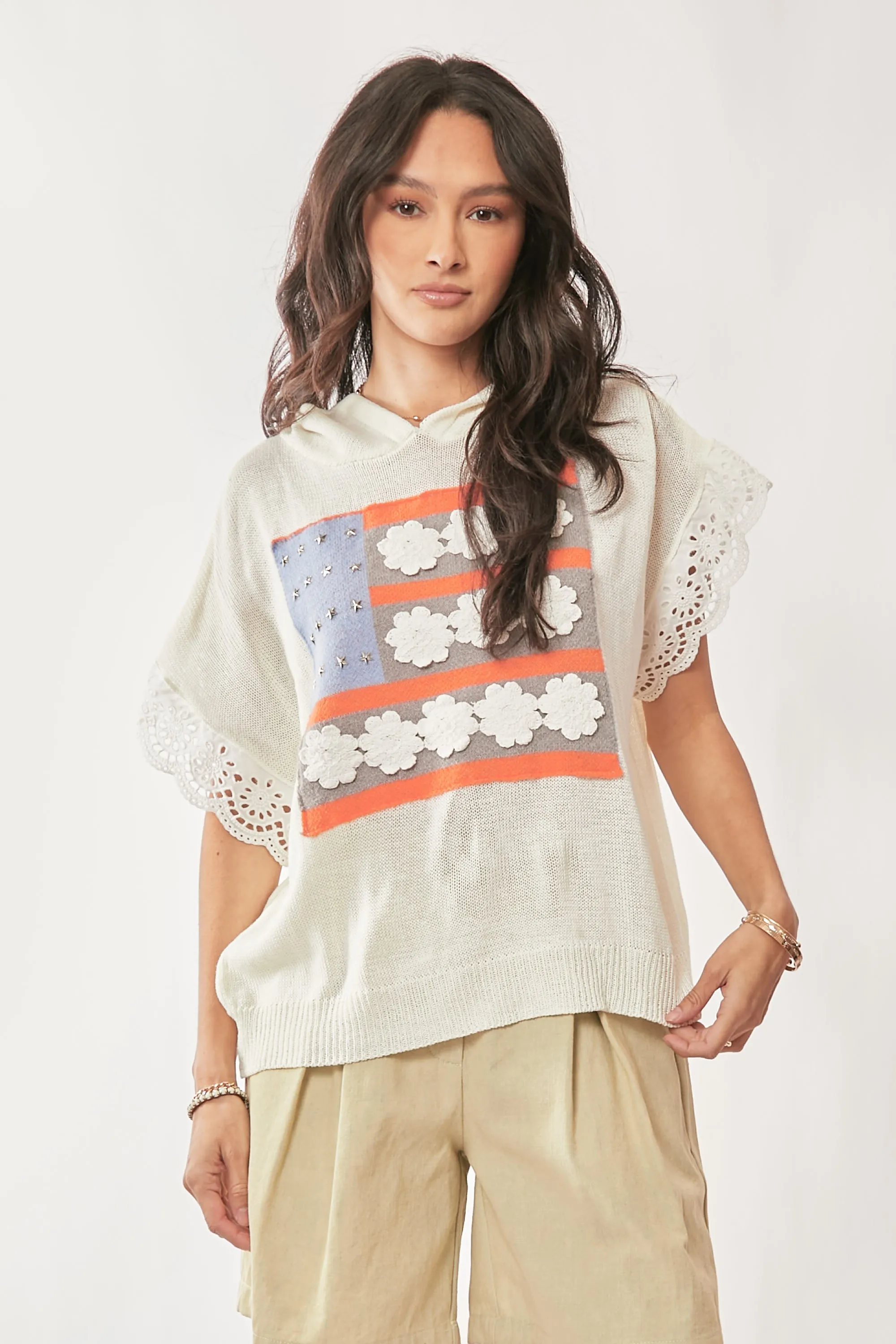 Davi & Dani American Flag Loose Fit Lace Sleeve Hoodie Top - Image 2