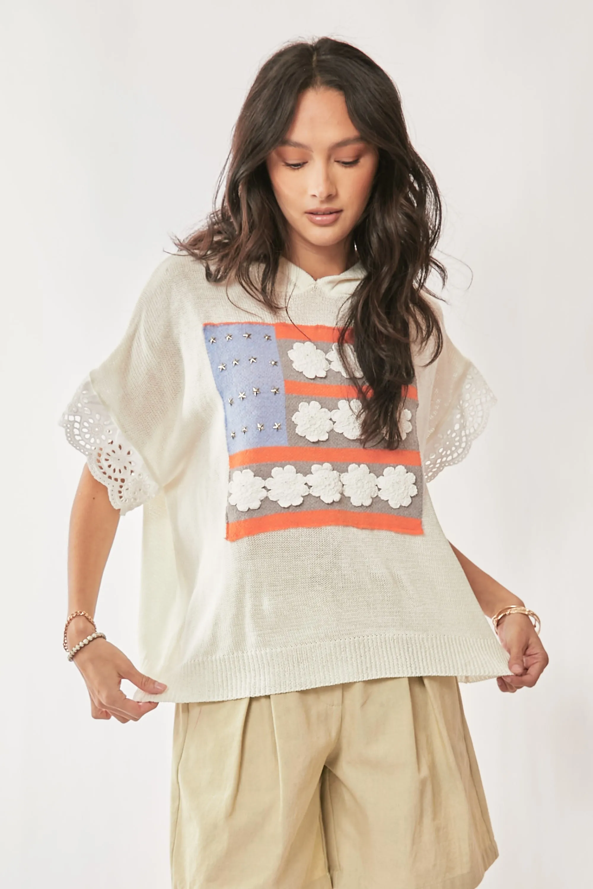 Davi & Dani American Flag Loose Fit Lace Sleeve Hoodie Top - Image 3