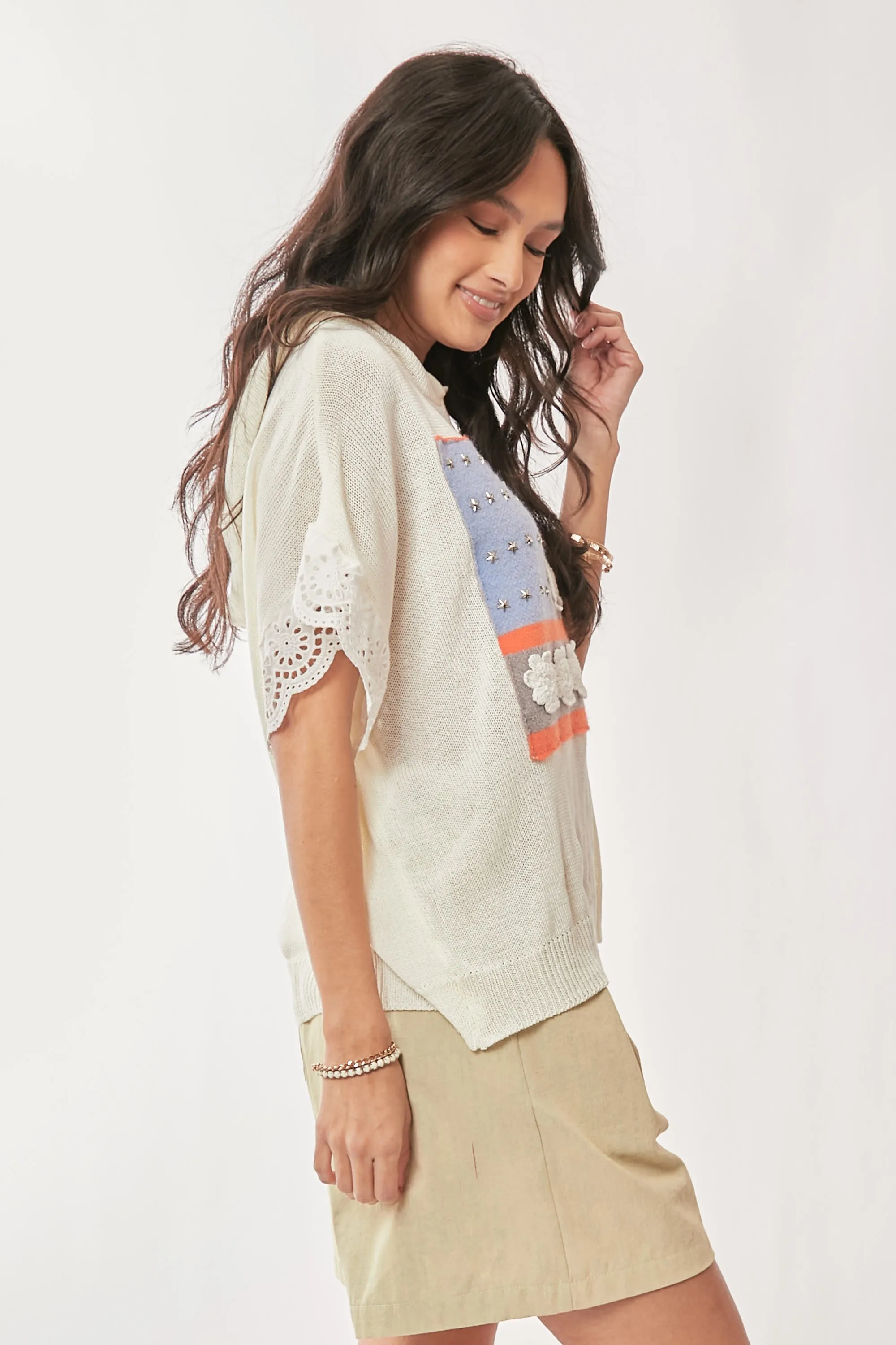 Davi & Dani American Flag Loose Fit Lace Sleeve Hoodie Top - Image 4