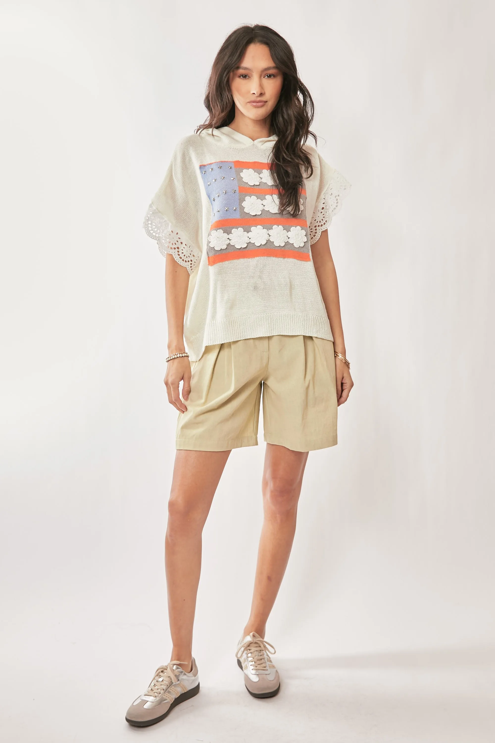 Davi & Dani American Flag Loose Fit Lace Sleeve Hoodie Top - Image 8