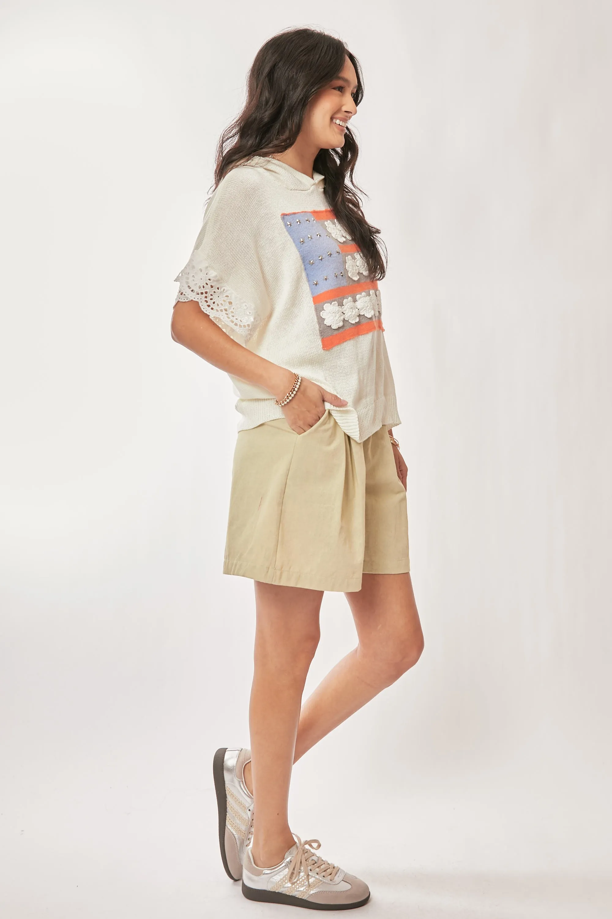 Davi & Dani American Flag Loose Fit Lace Sleeve Hoodie Top - Image 9