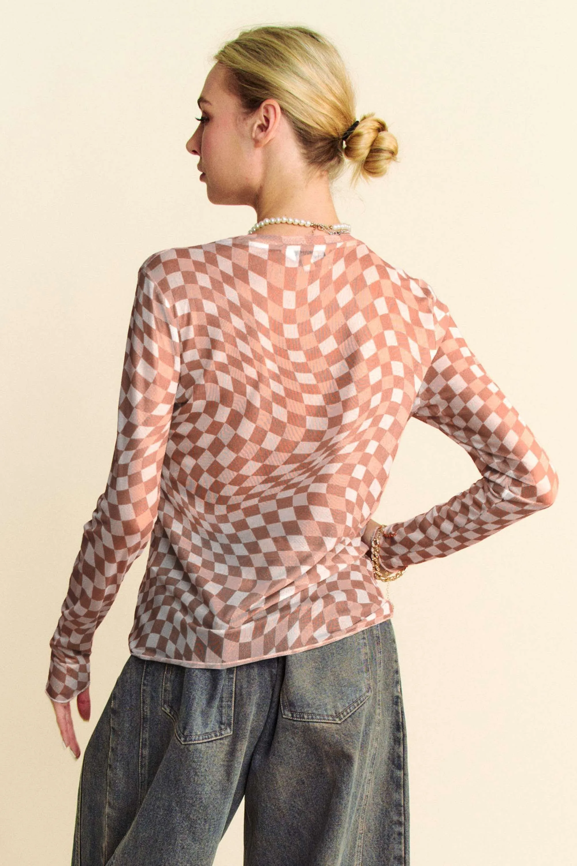 Davi & Dani Checker Board Mesh Long Sleeve Layering Top - Image 3