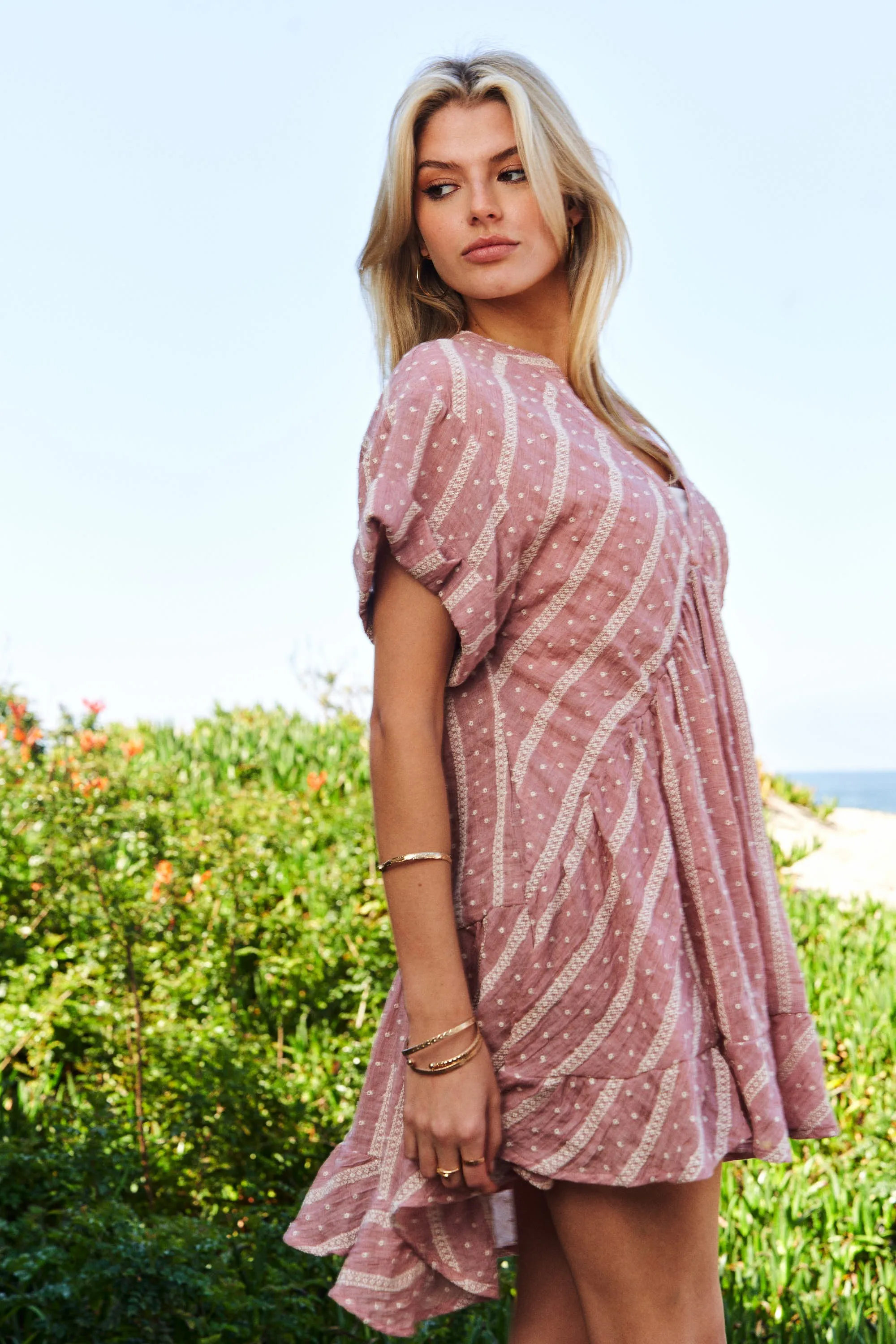 Davi & Dani Embroidery V Neck Short Sleeve Ruffled Mini Dress - Image 6