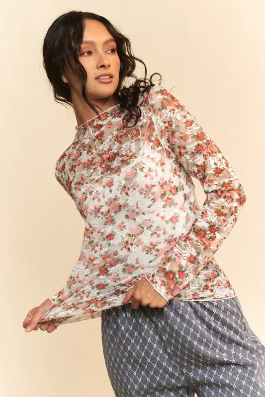 Davi & Dani Floral Print Mesh Long Sleeve Layering Top - Image 3