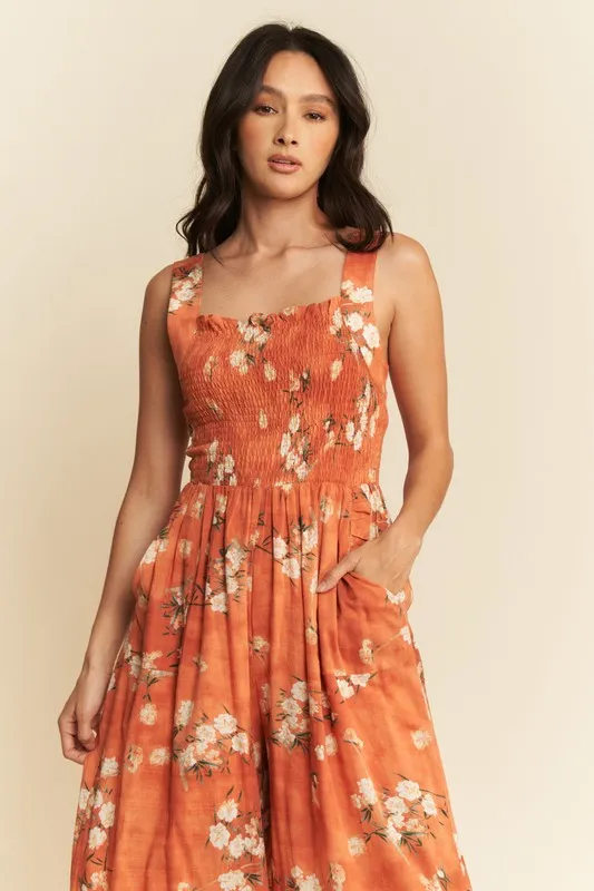 Davi & Dani Floral Ruffle Square Neck Smocking Bodice Jumpsuit - Image 5
