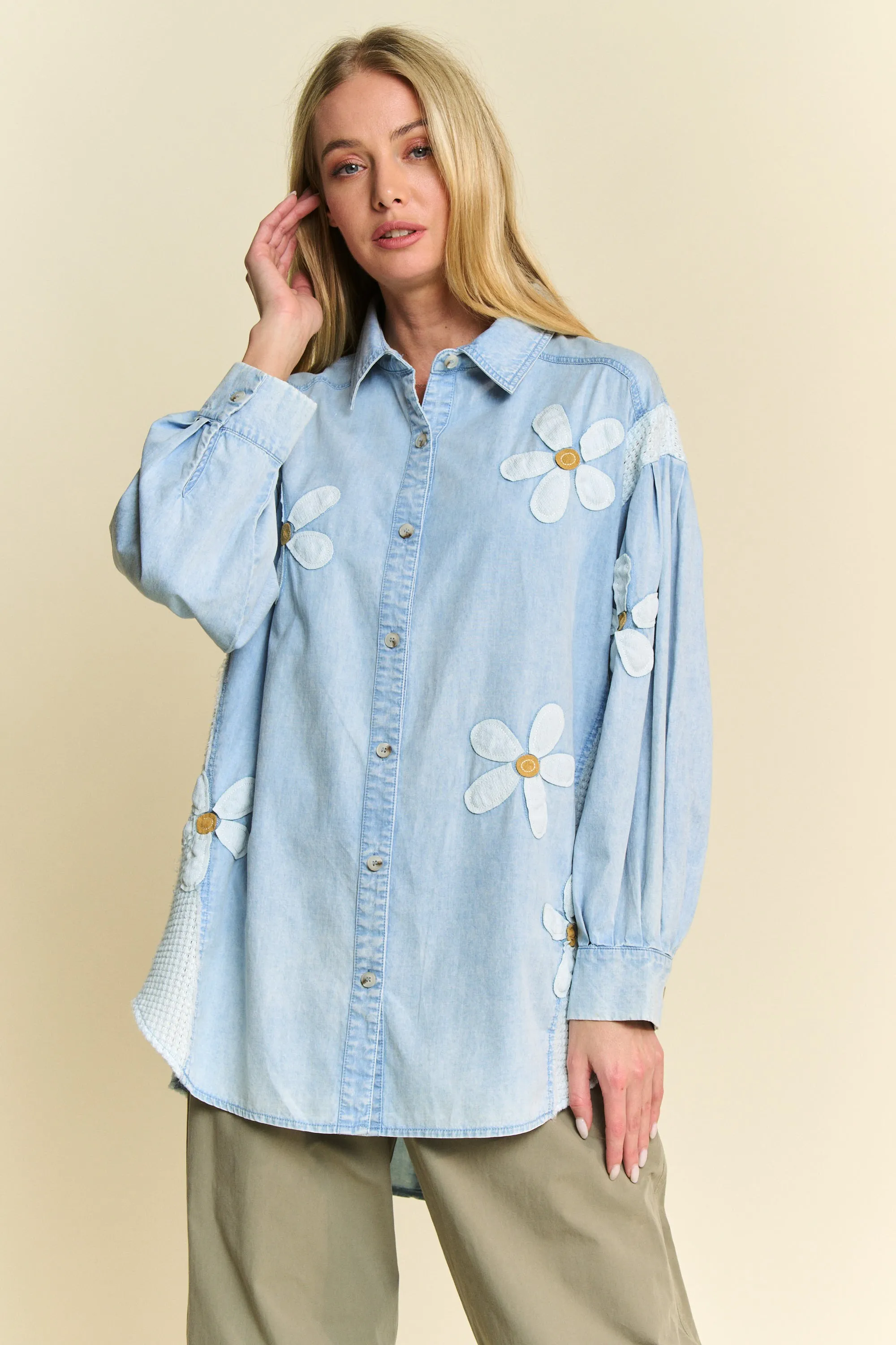 Davi & Dani Lightweight Washed Daisy Patch Waffle Knit Shirt - Image 2