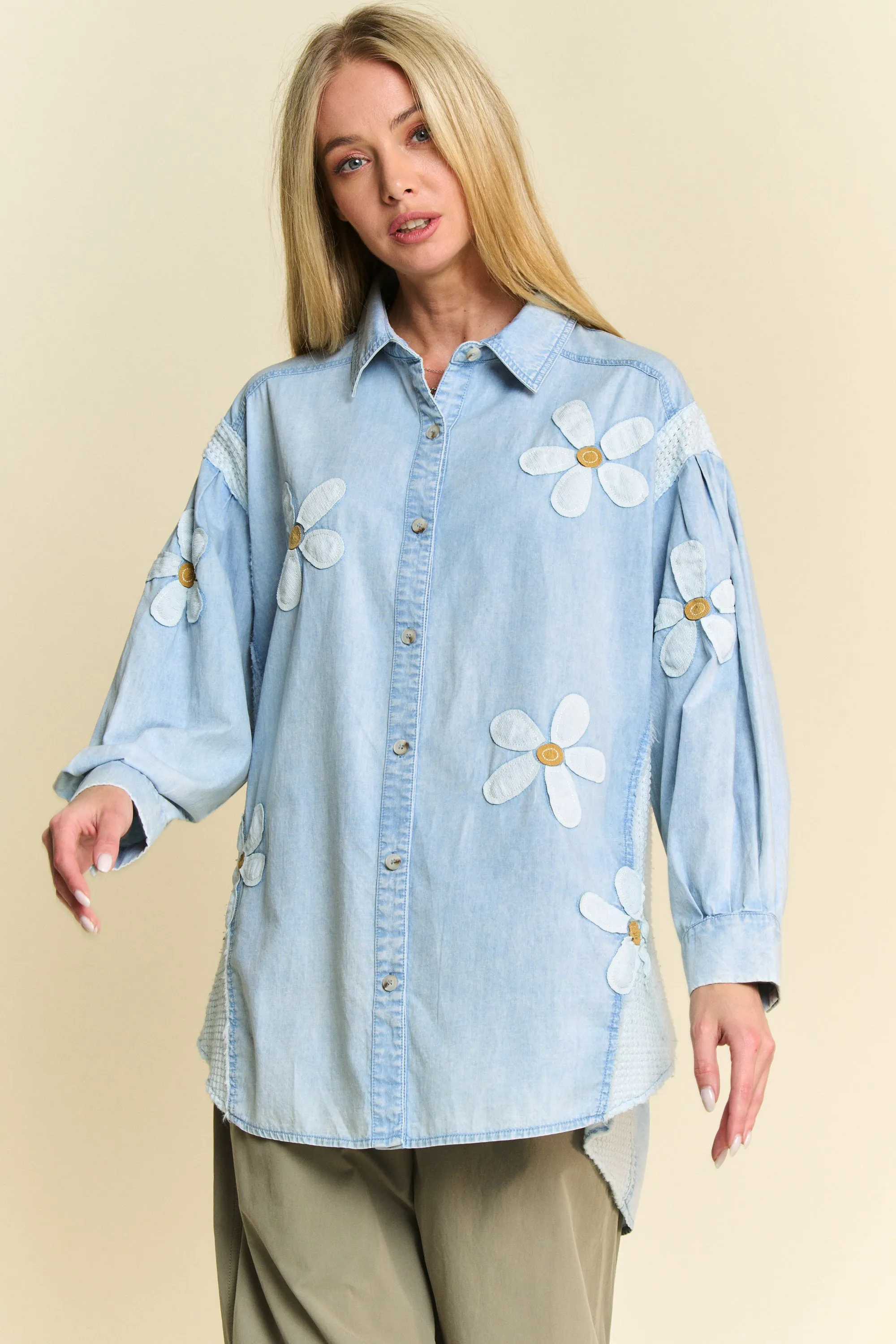 Davi & Dani Lightweight Washed Daisy Patch Waffle Knit Shirt - Image 4