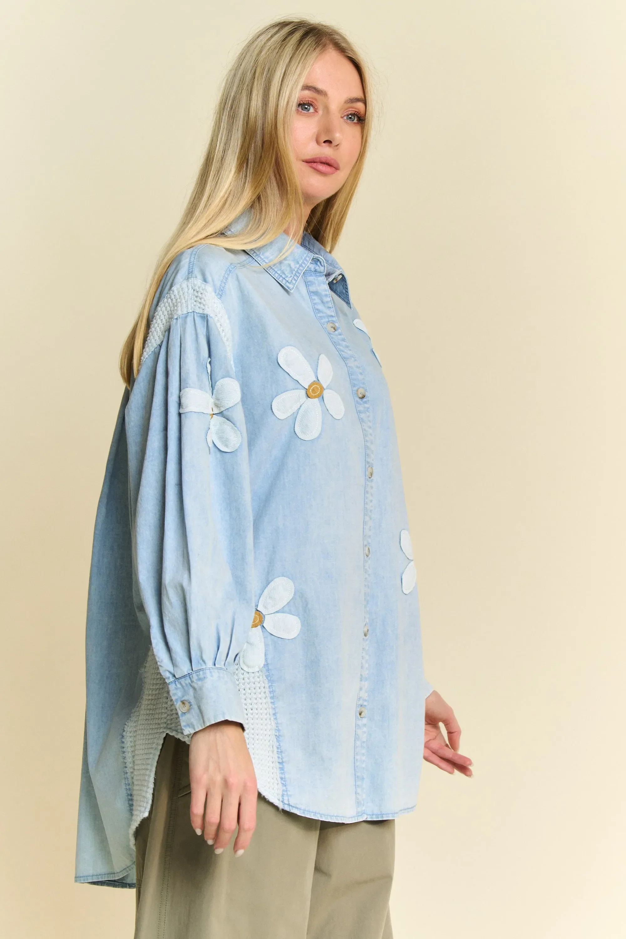 Davi & Dani Lightweight Washed Daisy Patch Waffle Knit Shirt - Image 5