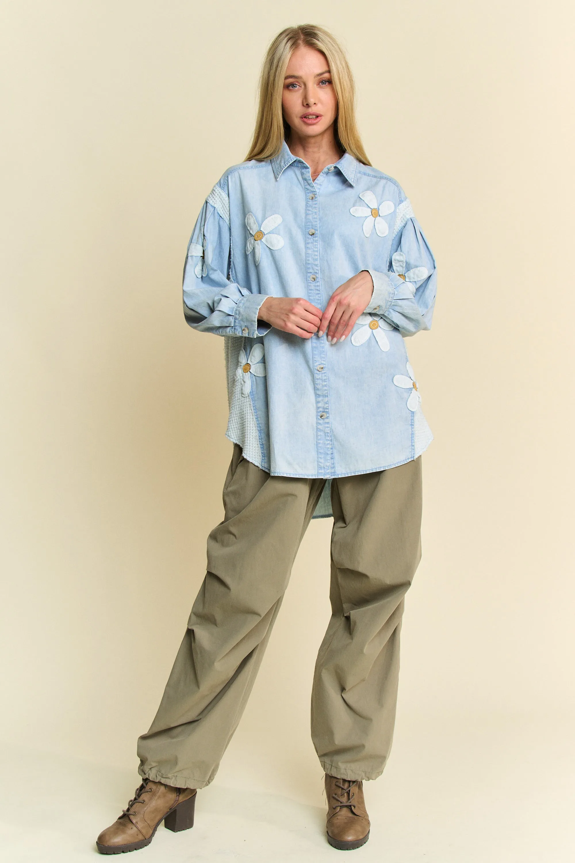 Davi & Dani Lightweight Washed Daisy Patch Waffle Knit Shirt - Image 8
