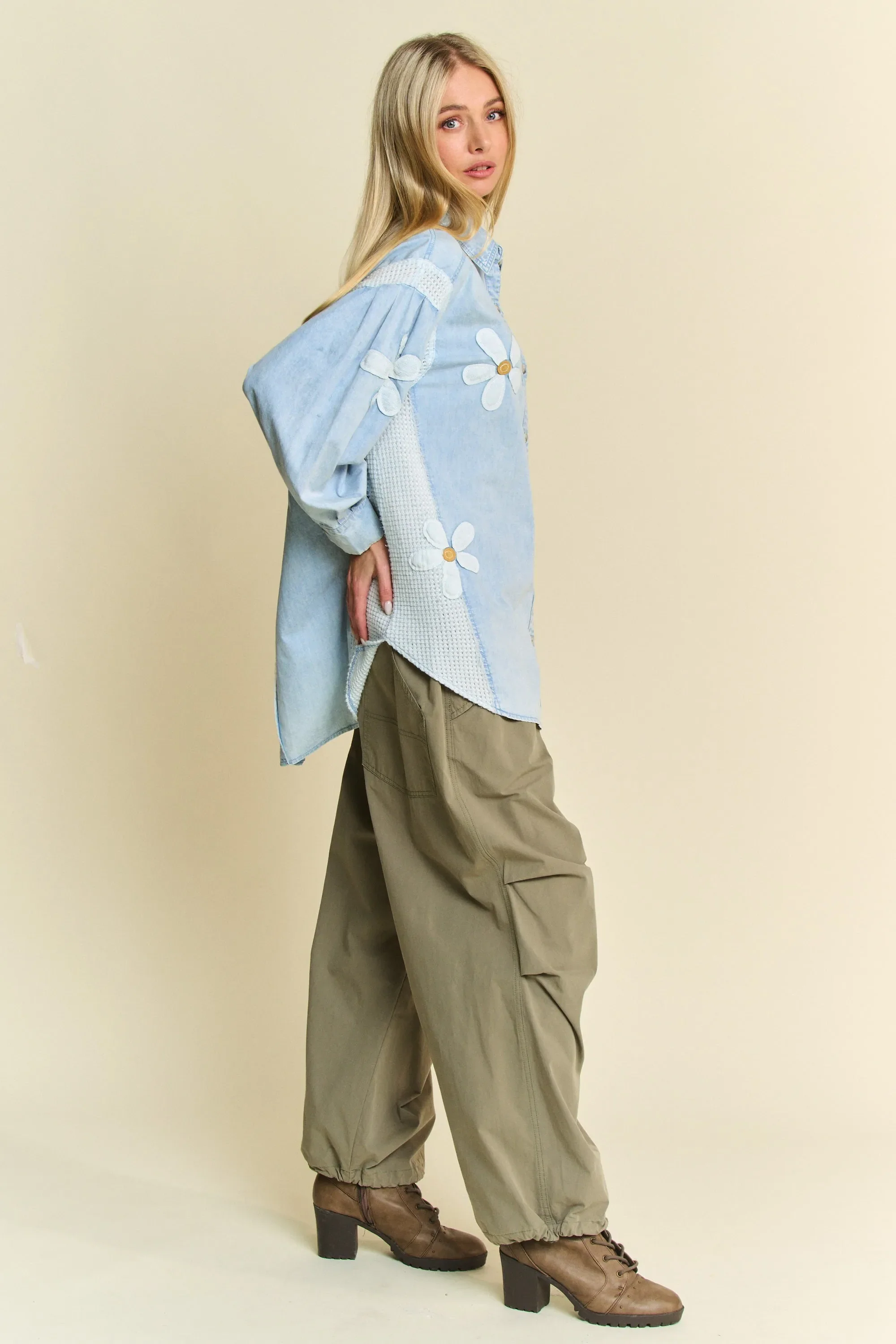 Davi & Dani Lightweight Washed Daisy Patch Waffle Knit Shirt - Image 9