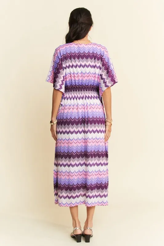 Davi & Dani Multi Color Wavy Tie Waist Flowy Sleeve Dress - Image 2