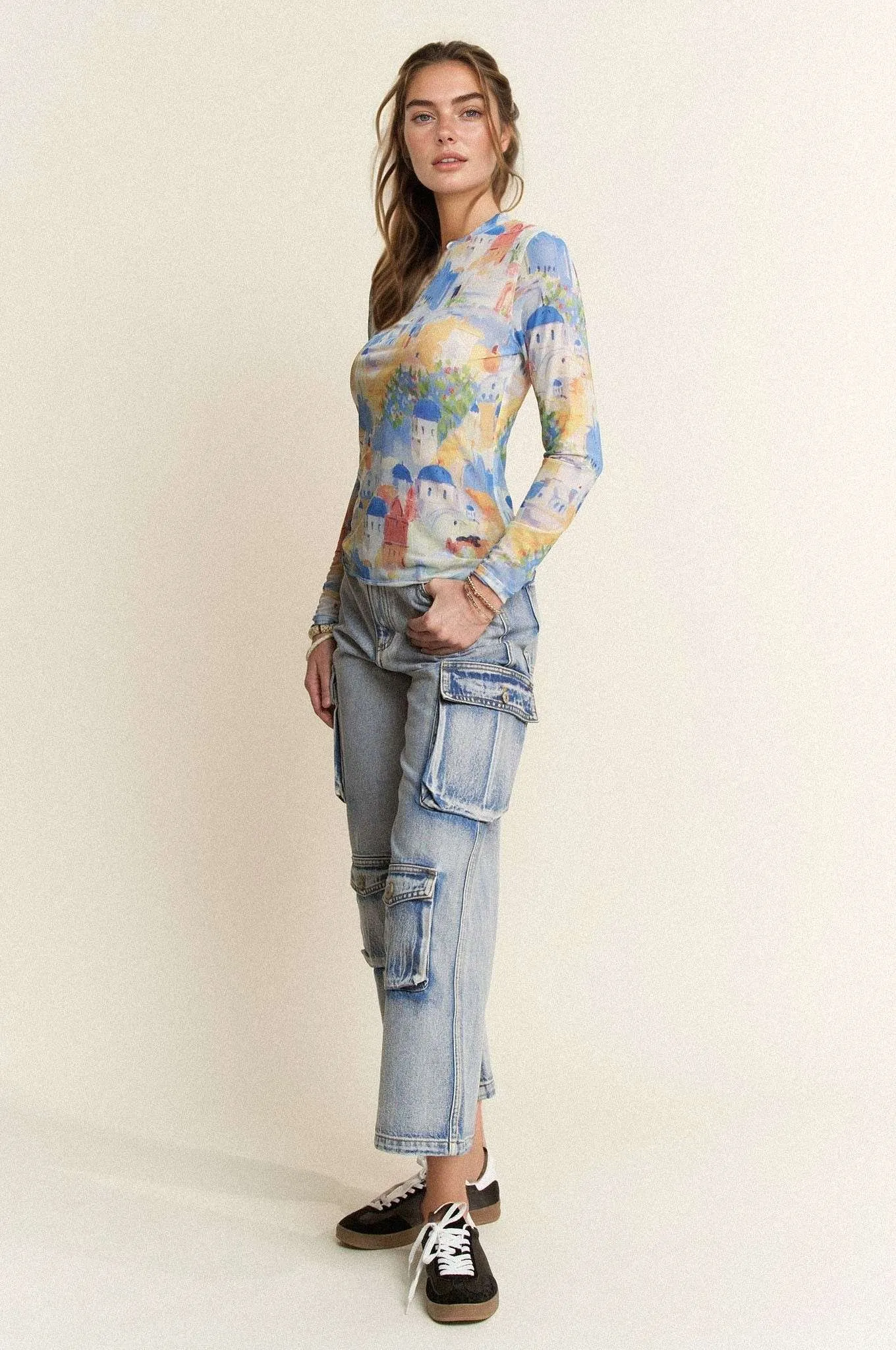 Davi & Dani Multi Printed Mesh Round Neck Long Sleeve Top - Image 4