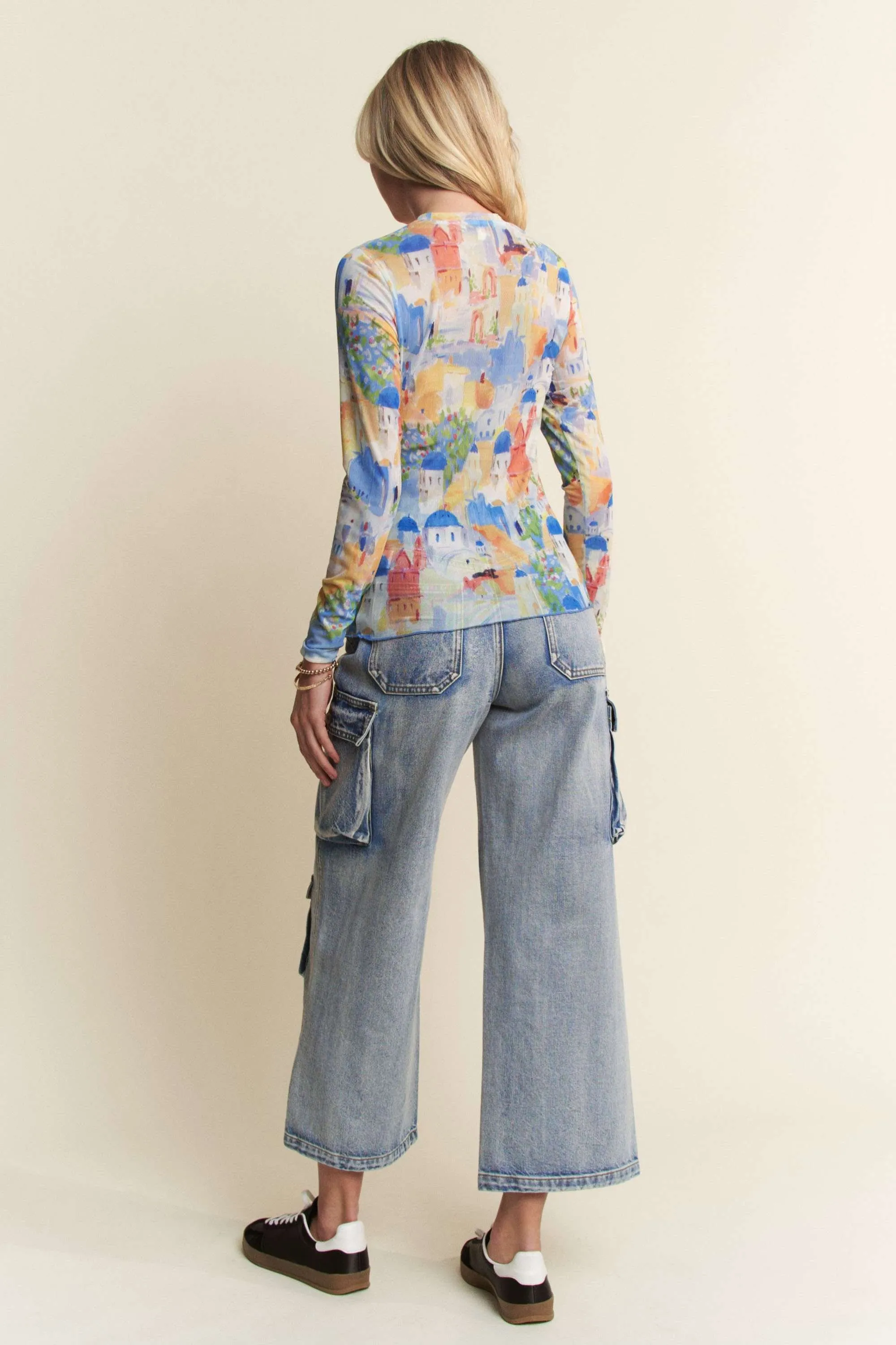 Davi & Dani Multi Printed Mesh Round Neck Long Sleeve Top - Image 5