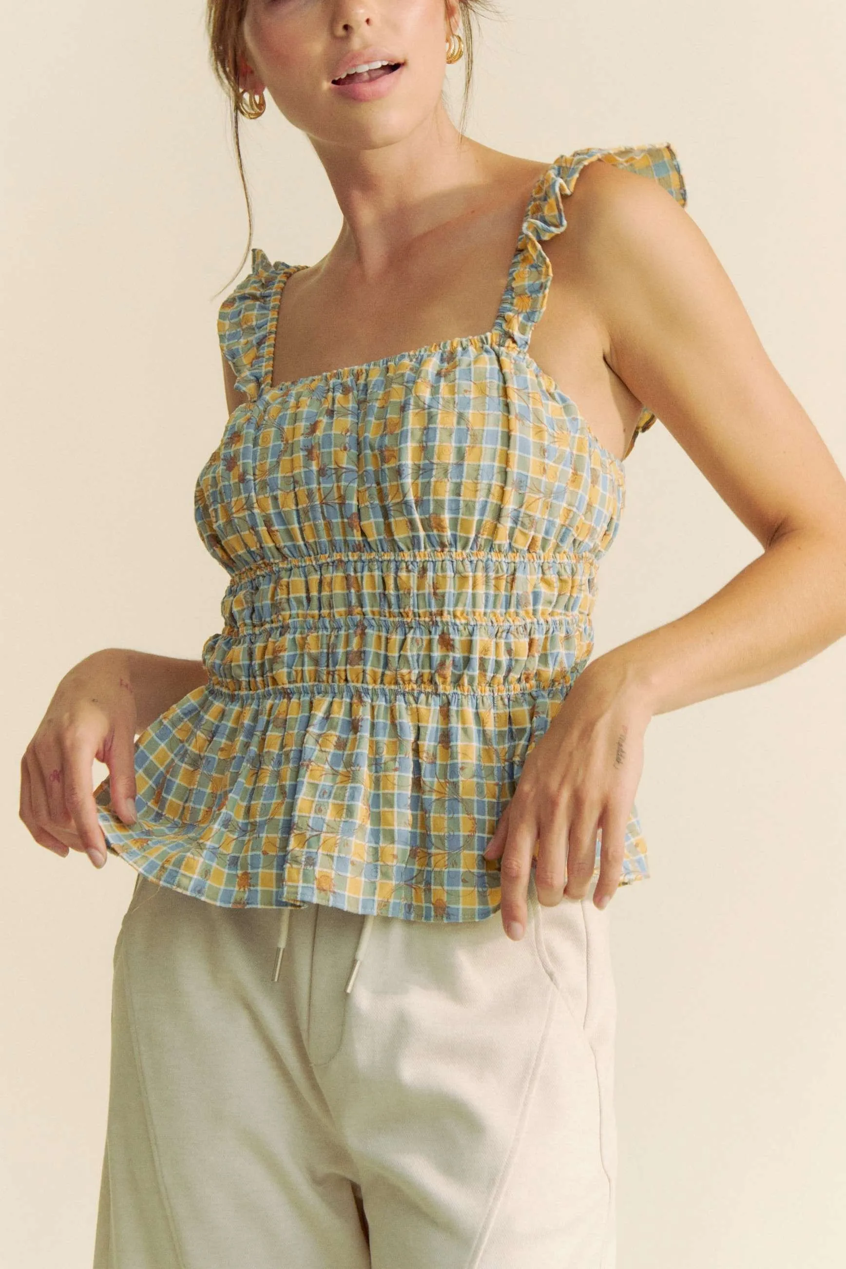 Davi & Dani Plaid Ruffled Strap Smocked Sleeveless Top - Image 4