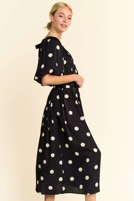 Davi & Dani Polka Dot Puff Sleeves Waist Tie Midi Dress - Image 4