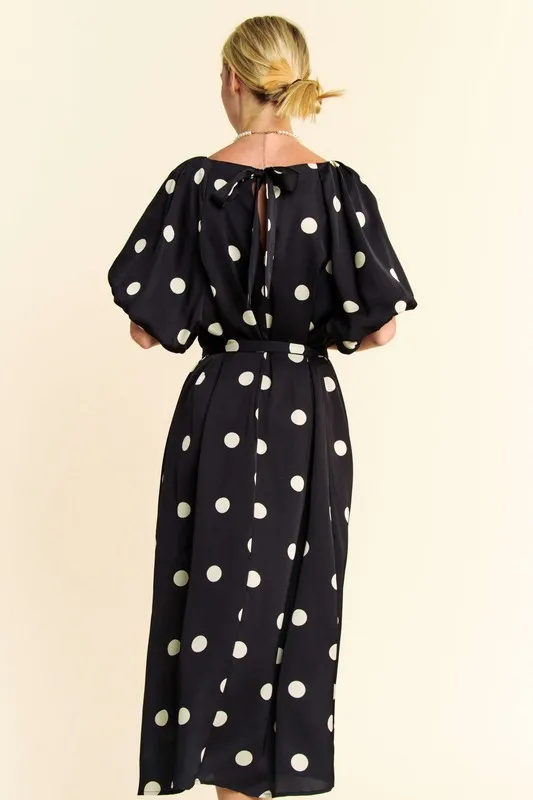 Davi & Dani Polka Dot Puff Sleeves Waist Tie Midi Dress - Image 5