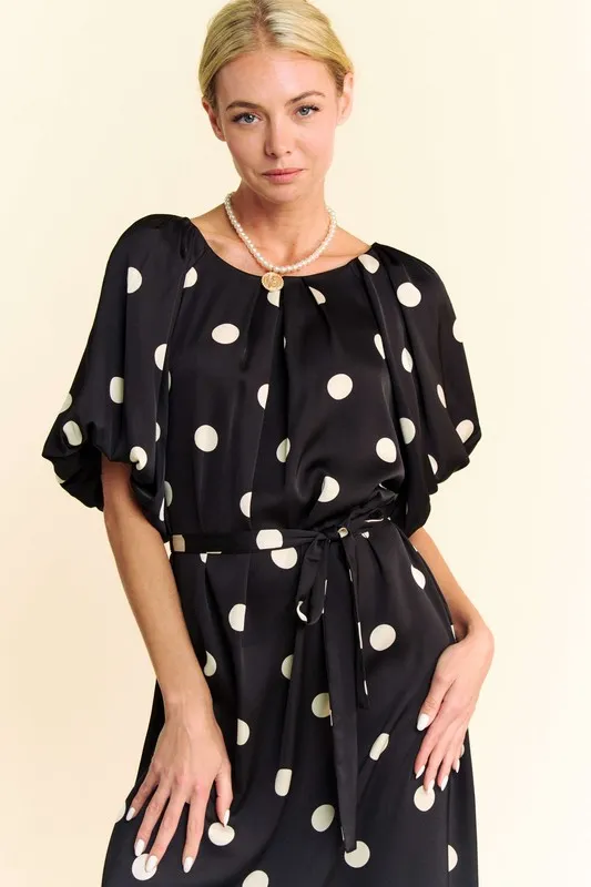 Davi & Dani Polka Dot Puff Sleeves Waist Tie Midi Dress - Image 7