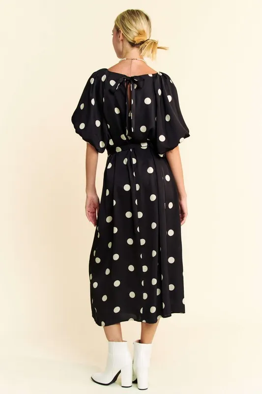 Davi & Dani Polka Dot Puff Sleeves Waist Tie Midi Dress - Image 8