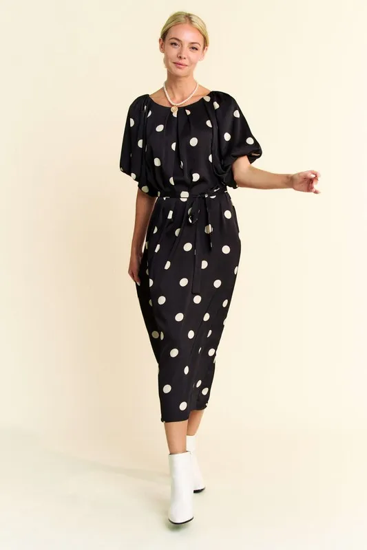 Davi & Dani Polka Dot Puff Sleeves Waist Tie Midi Dress - Image 9