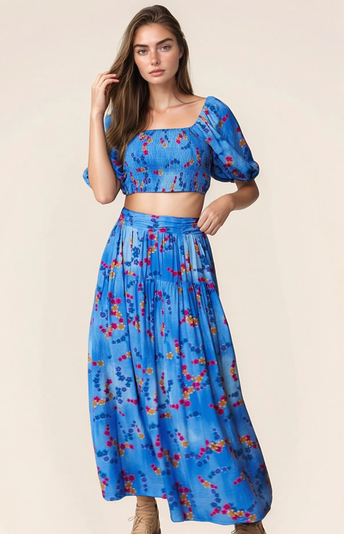 Davi & Dani Printed Smocking Waistband Ruffled Maxi Skirt - Image 10