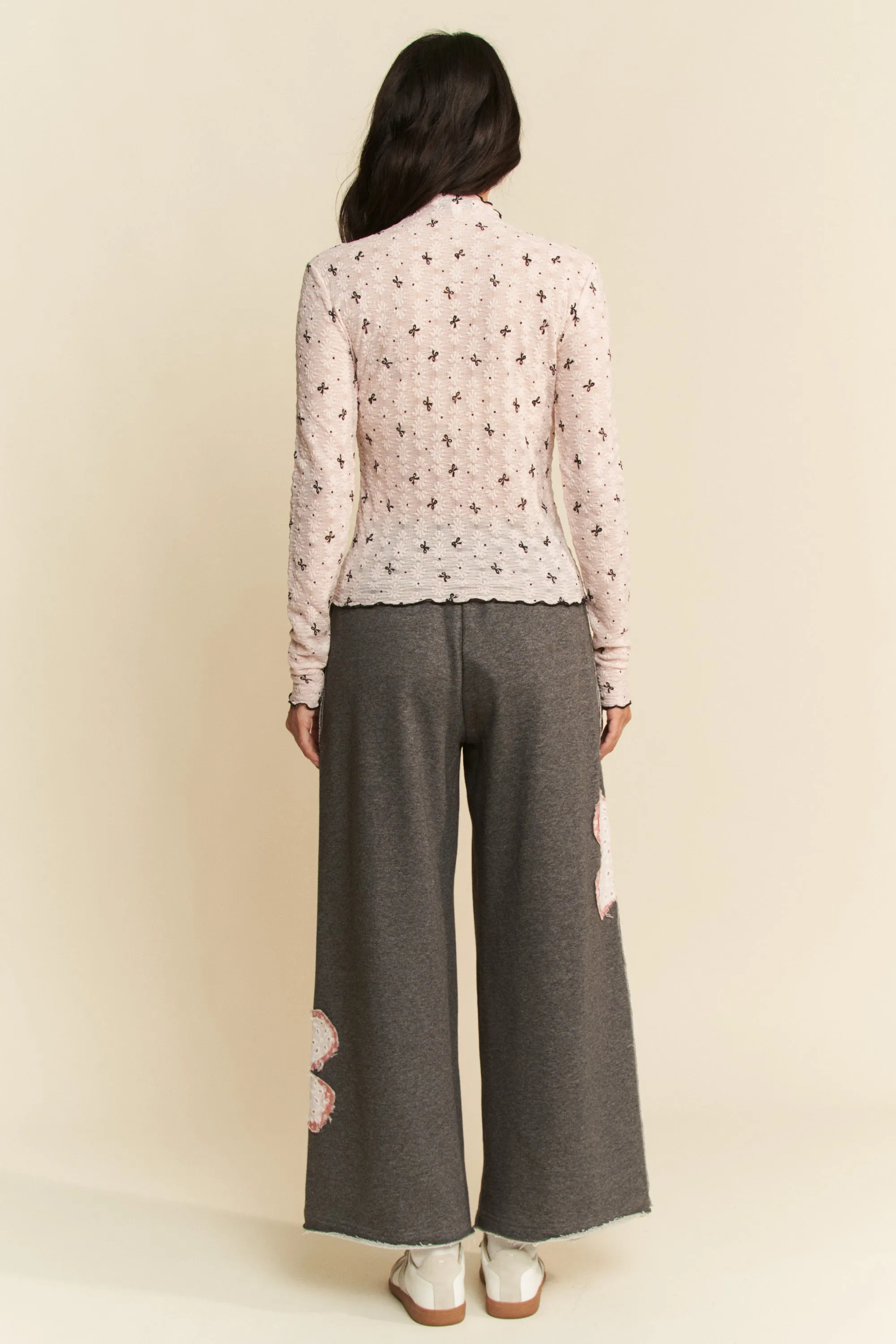 Davi & Dani Ribbon Bow Lace Hem Long Sleeve Mesh Layering Top - Image 10