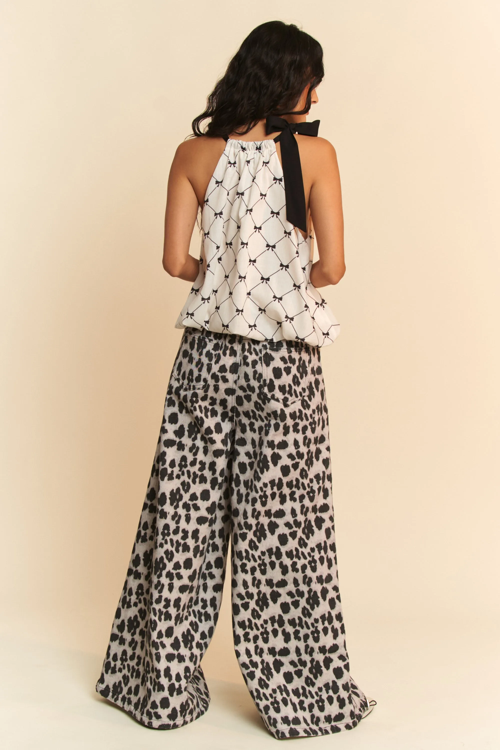 Davi & Dani Ribbon Checker Printed Tie Halter Neck Blouse Top - Image 9