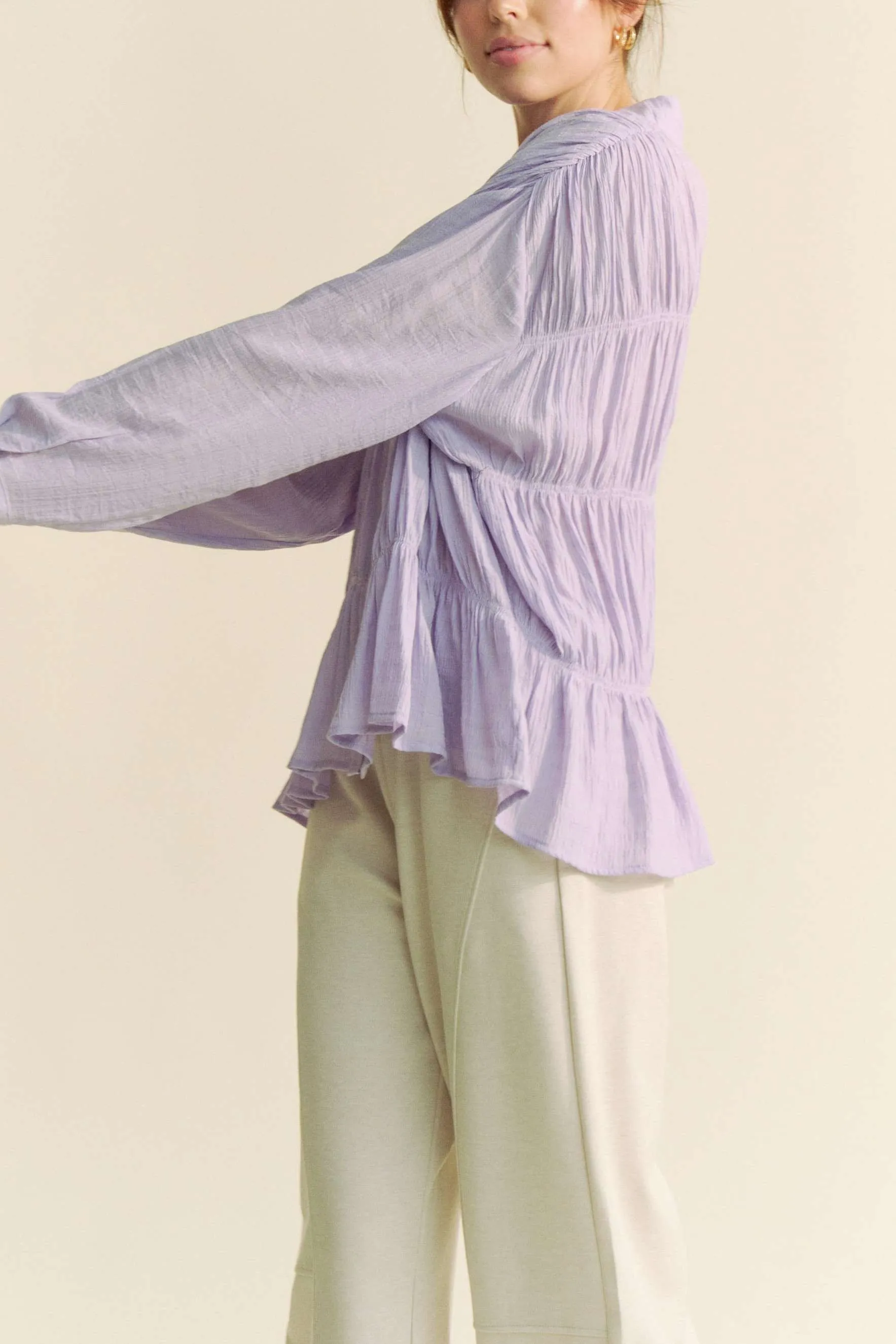 Davi & Dani Ruched All Over Button Front Shirt - Image 5