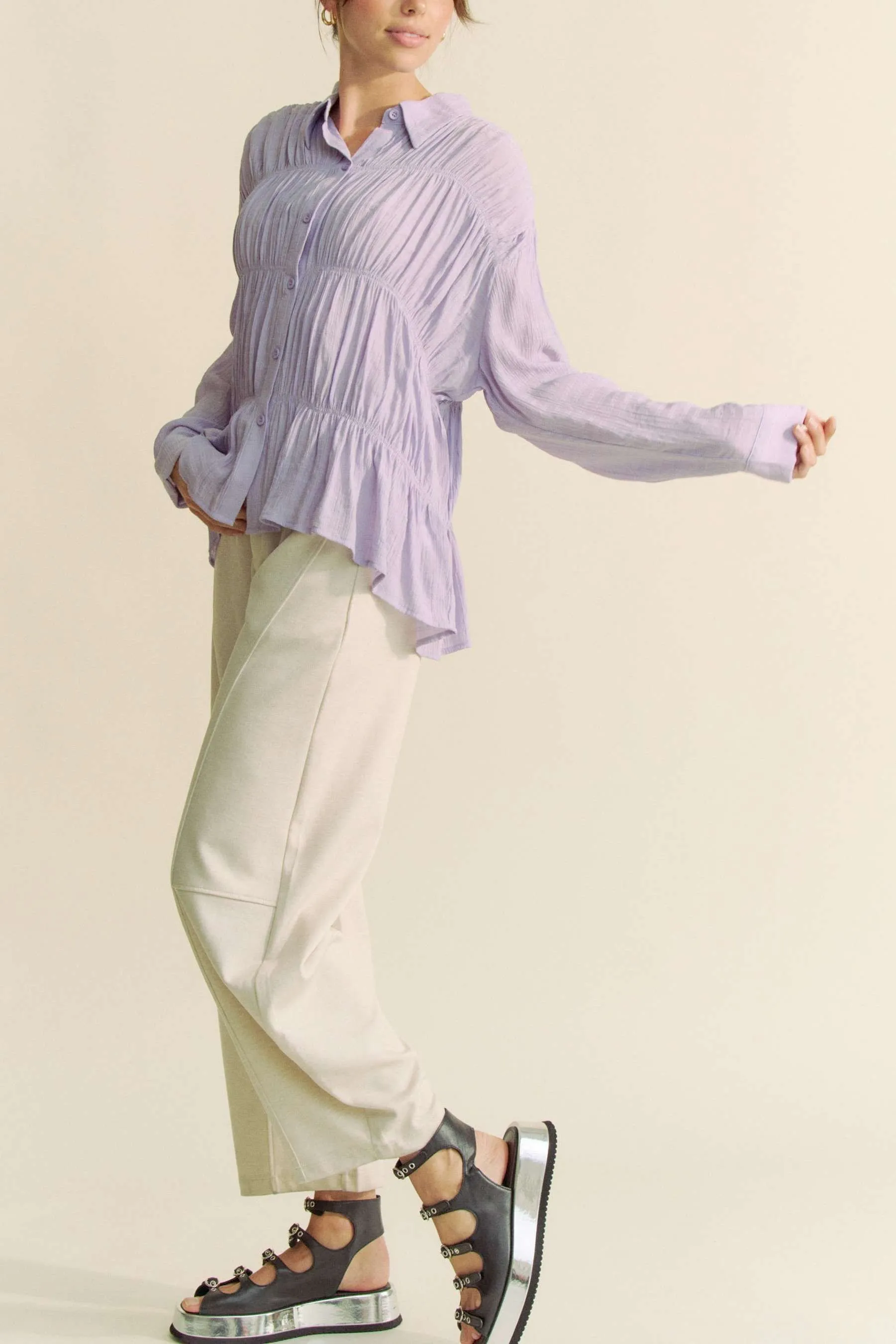 Davi & Dani Ruched All Over Button Front Shirt - Image 7