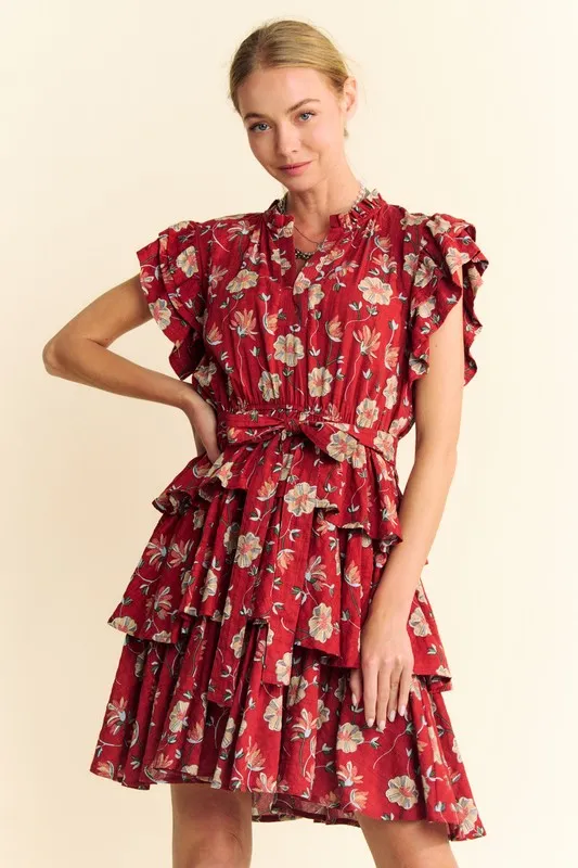 Davi & Dani Ruffle Flutter Sleeve Tie Belt Tiered Mini Dress