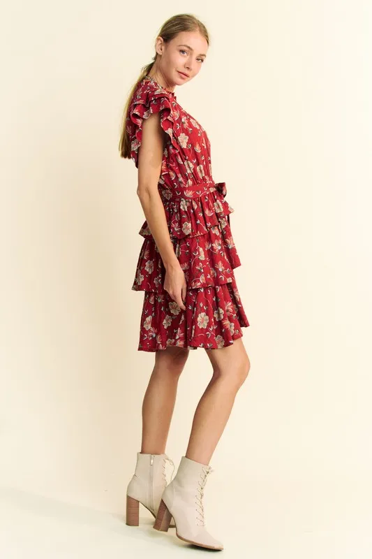 Davi & Dani Ruffle Flutter Sleeve Tie Belt Tiered Mini Dress - Image 8