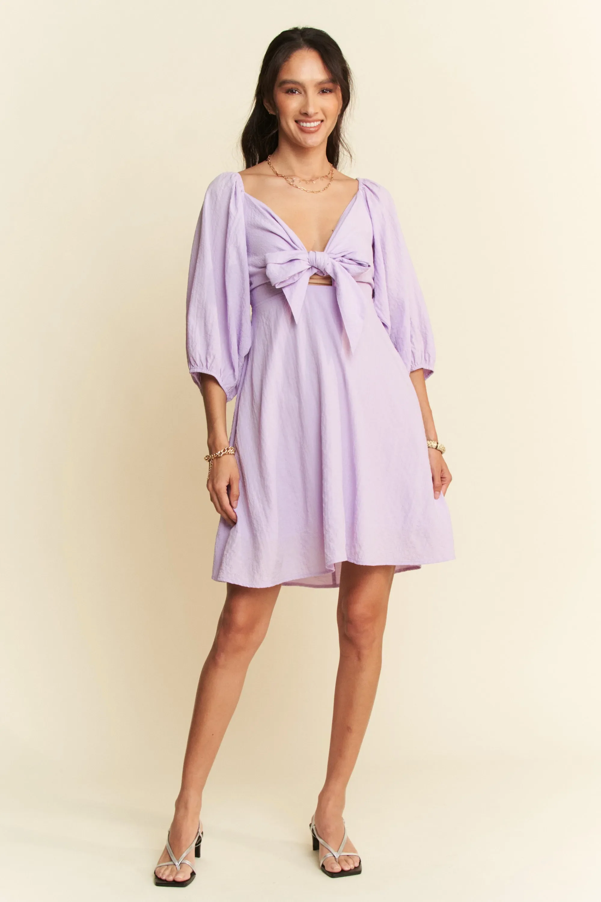 Davi & Dani Self-Tie Puff Sleeve Smocking Open Back Mini Dress - Image 6