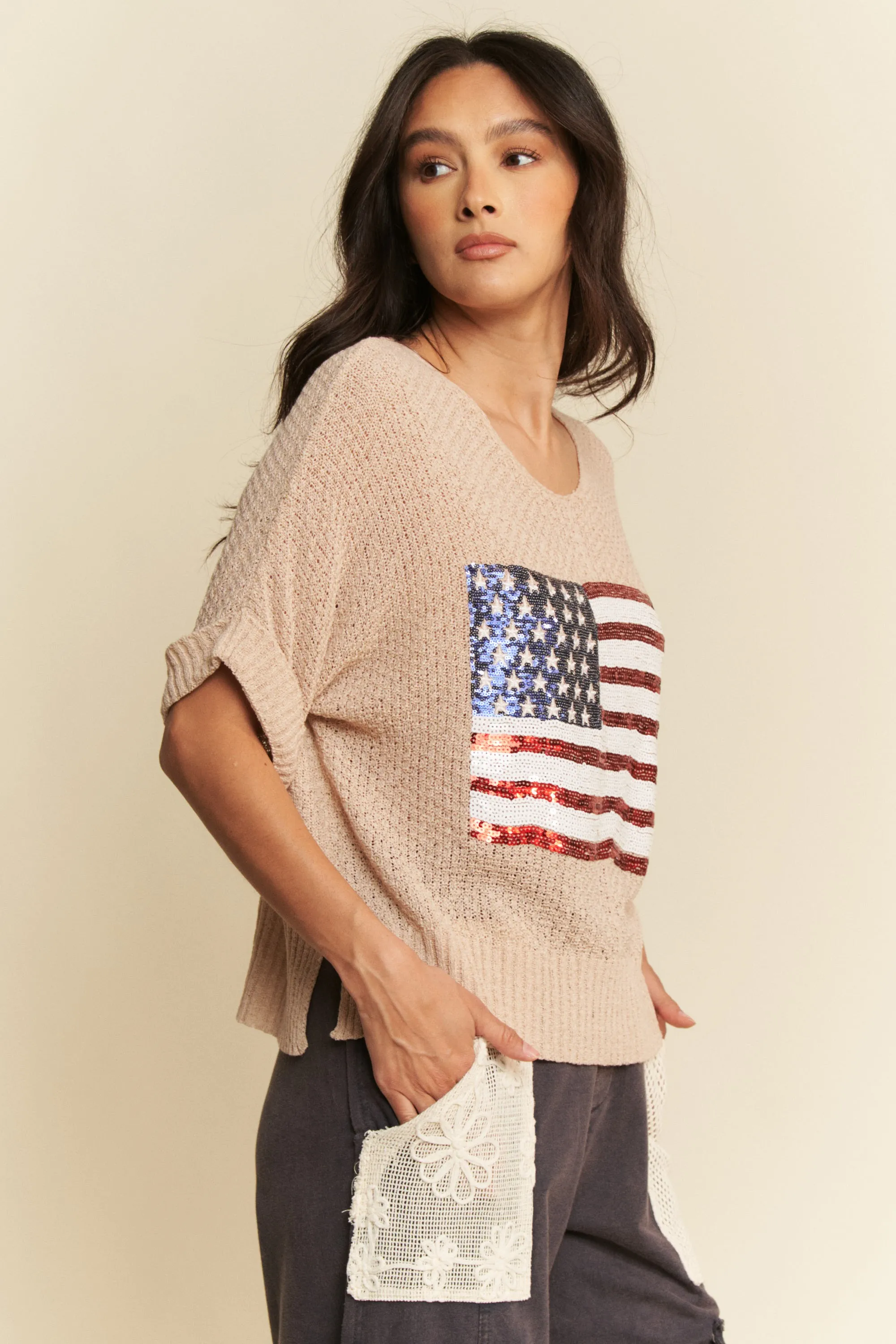 Davi & Dani Sequin American Flag Patch Short Sleeve Knit Top - Image 4