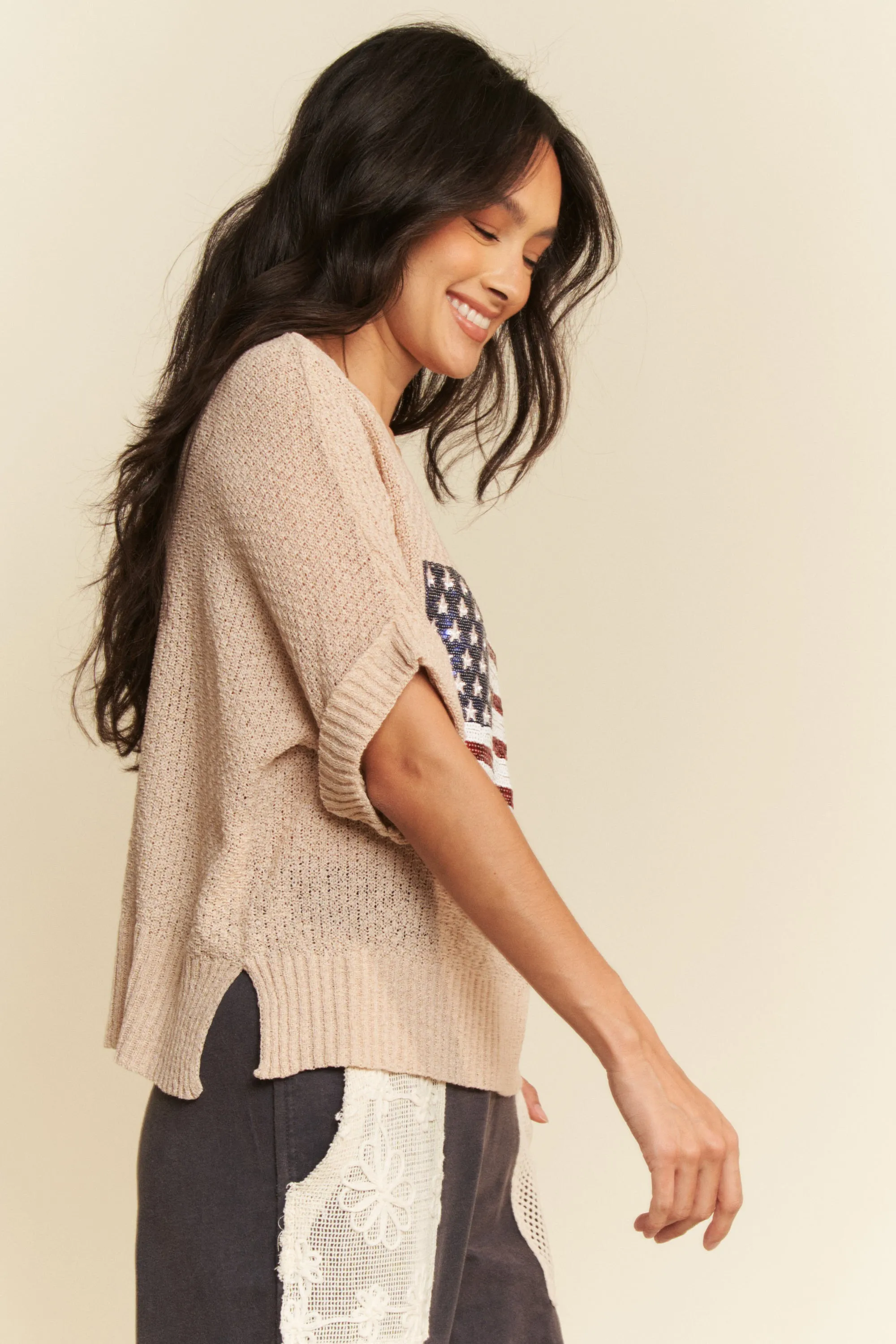 Davi & Dani Sequin American Flag Patch Short Sleeve Knit Top - Image 6
