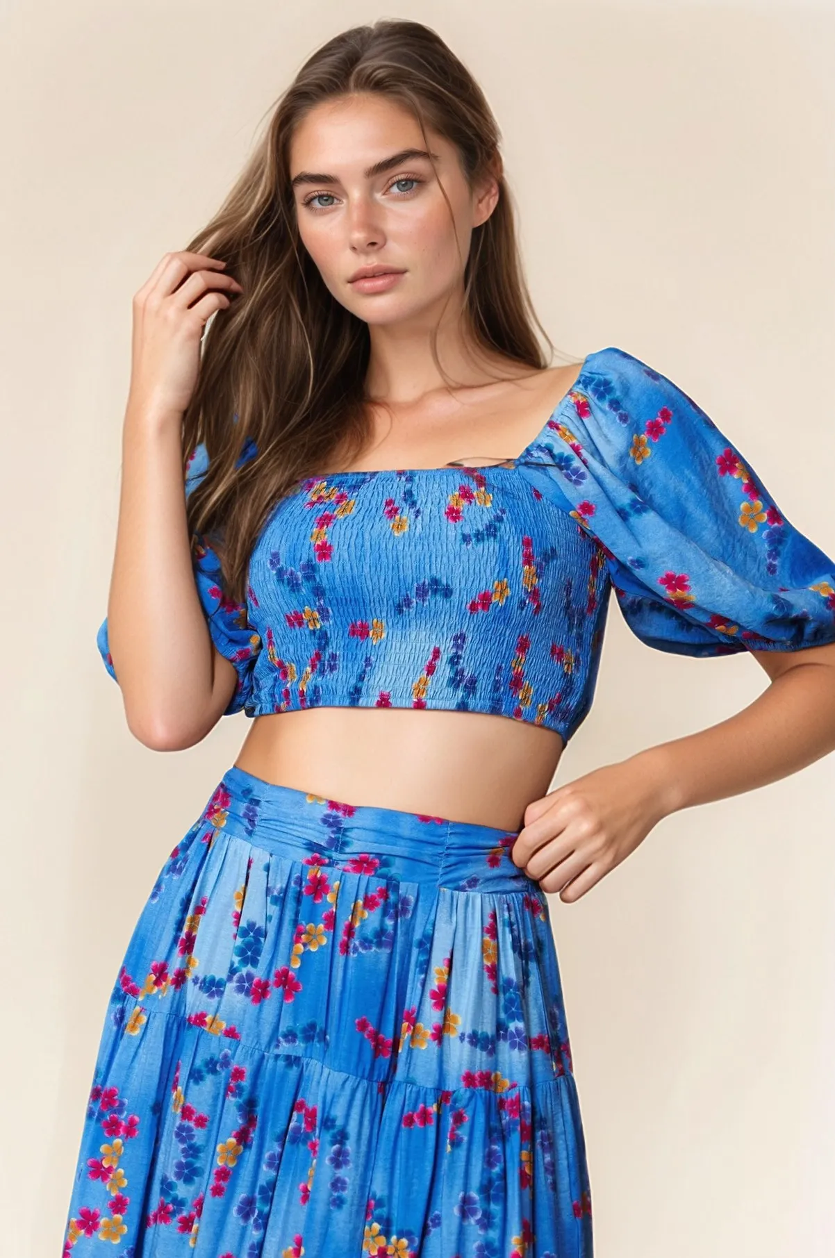 Davi & Dani Smocing Bodice Puff Short Sleeve Printed Crop Top - Image 6