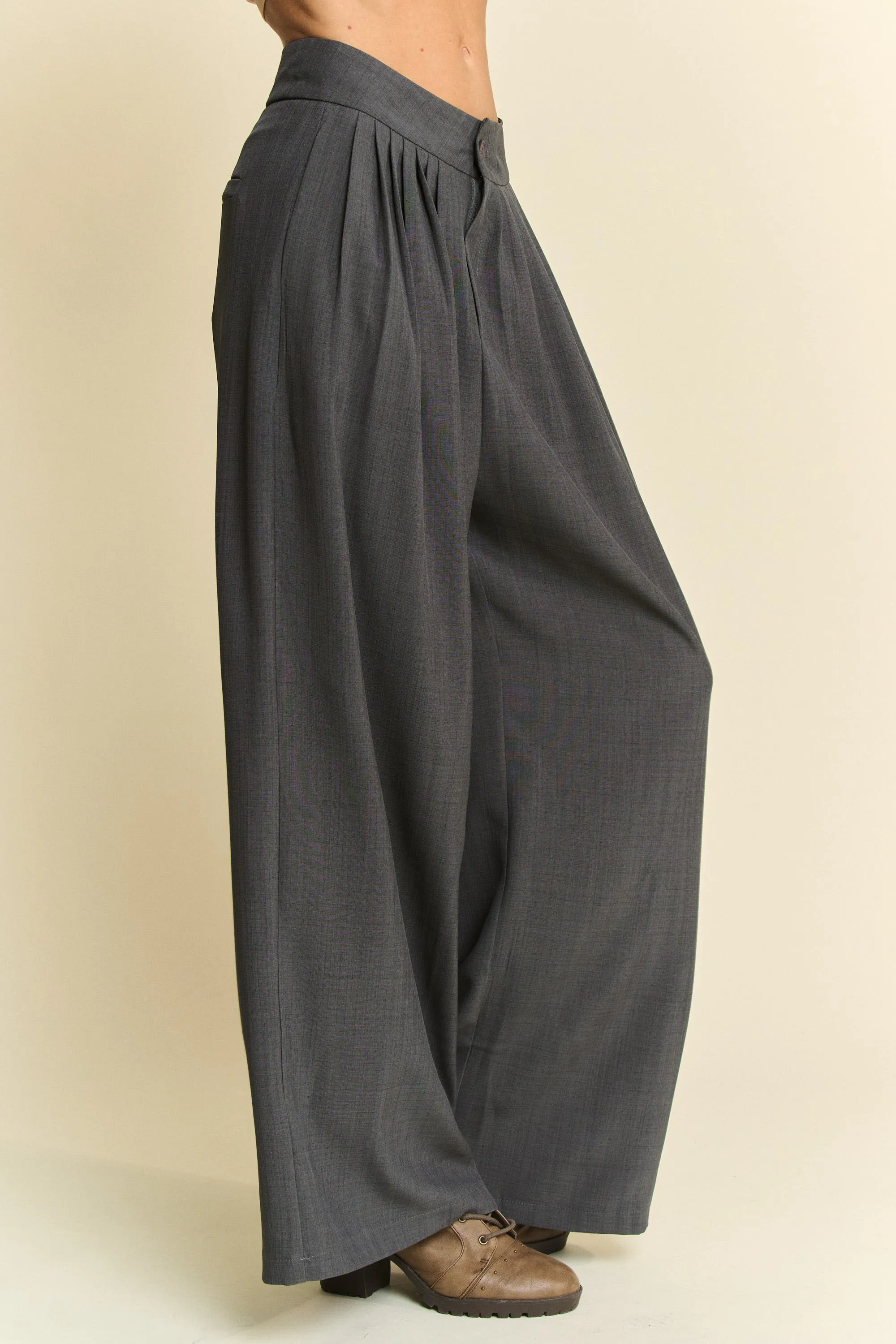 Davi & Dani Solid Back Pocket Shirring Detail Wide Leg Pants - Image 2