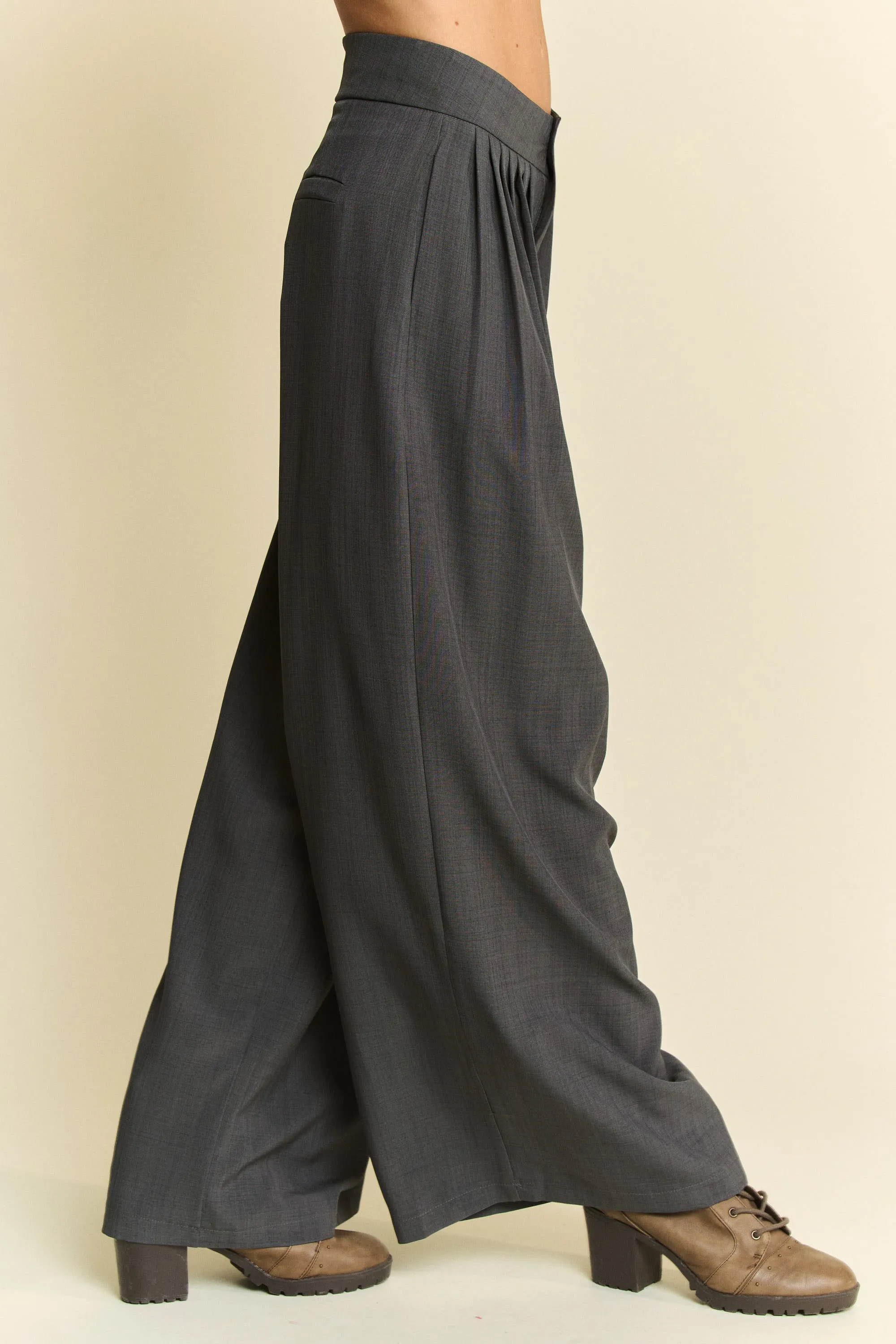 Davi & Dani Solid Back Pocket Shirring Detail Wide Leg Pants - Image 3