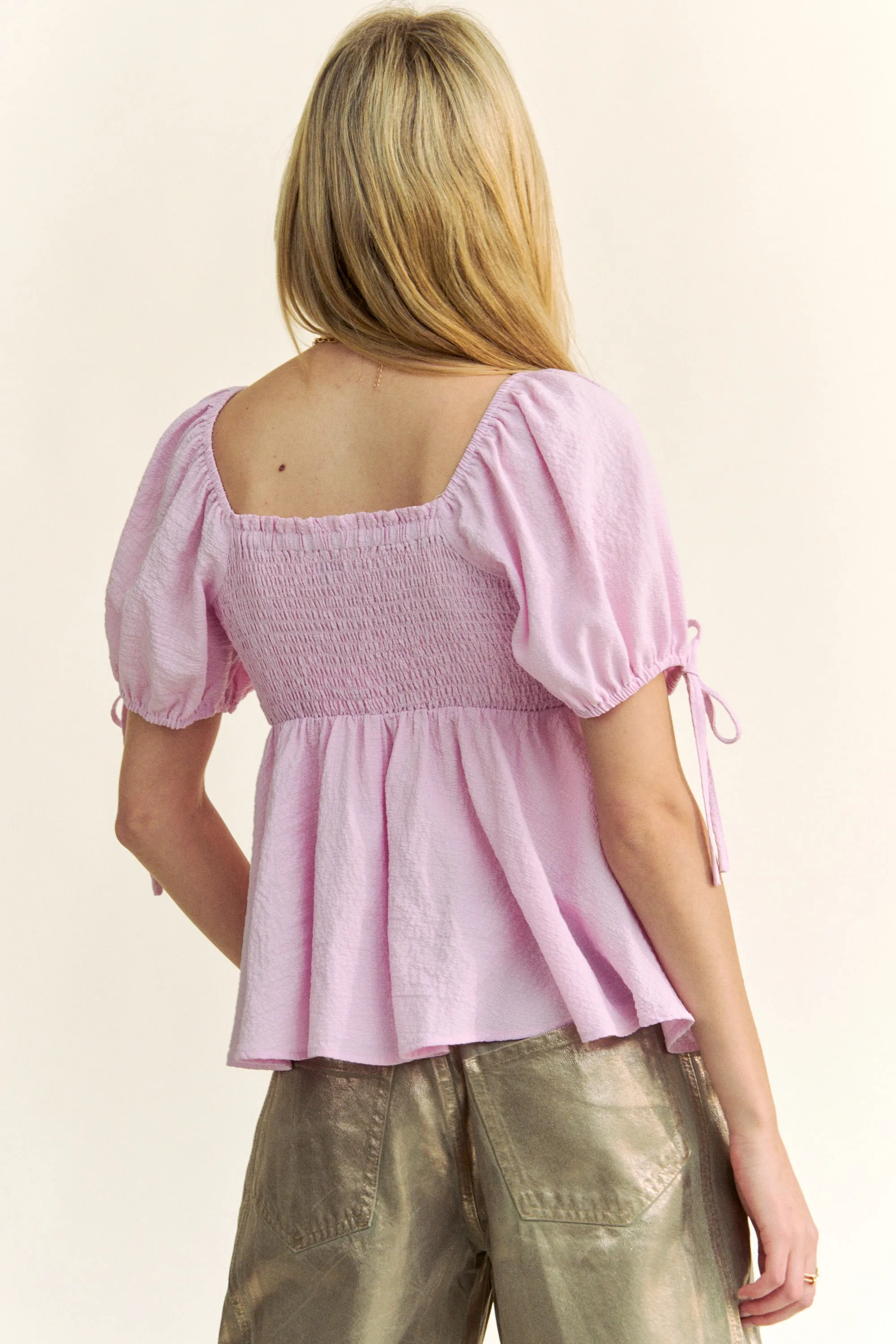 Davi & Dani Solid Elastic Peplum Puffed Sleeves Blouse - Image 7