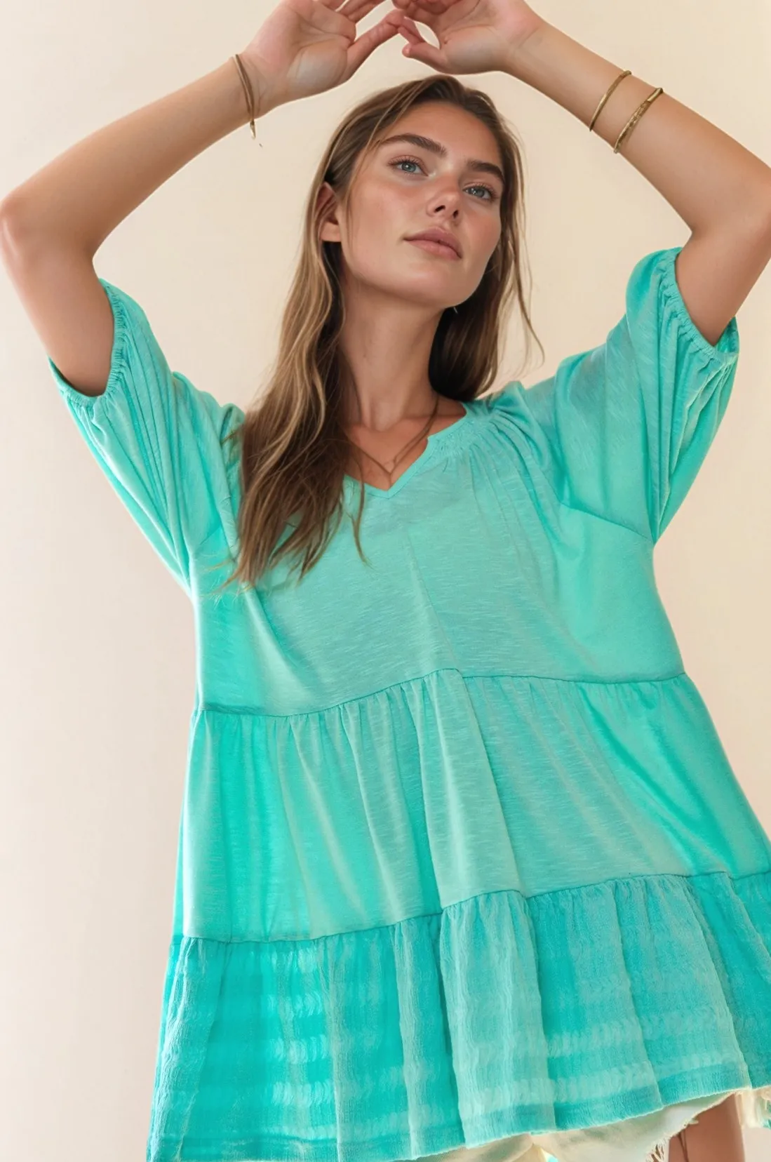 Davi & Dani Solid Ruffled Flared Short Sleeve V Neck Top - Image 9