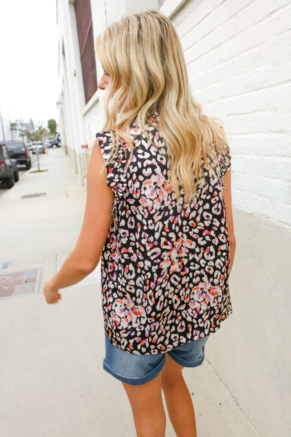 Dazzle In Black Leopard Print Frill Notch Neck Top - Image 9