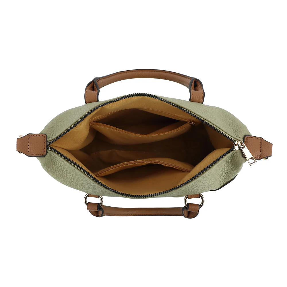Double Handle Mid Size Satchel Two Tone with Crossbody Strap - Image 3