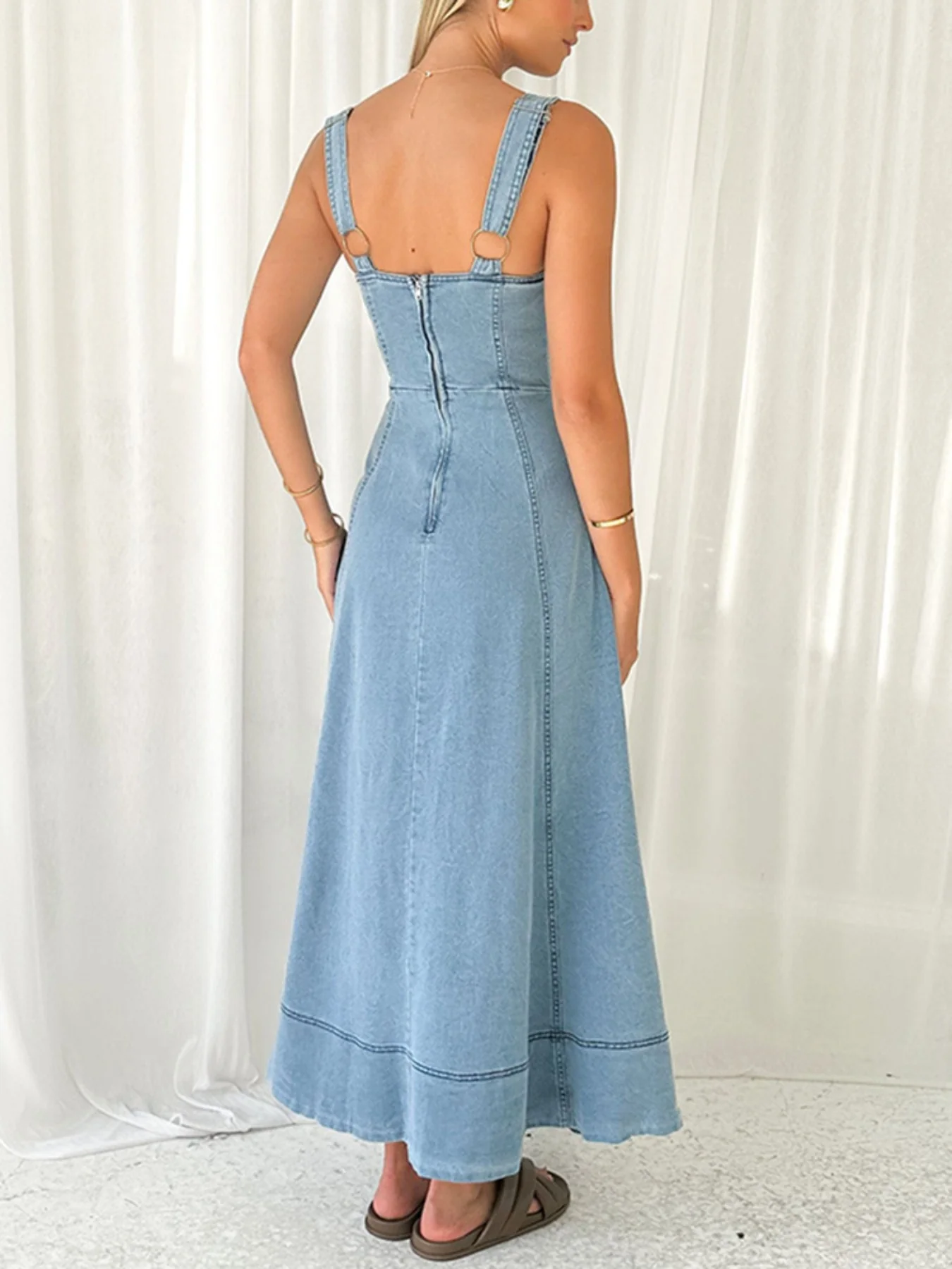Decor Button Front A-Line Denim Dress - Image 2