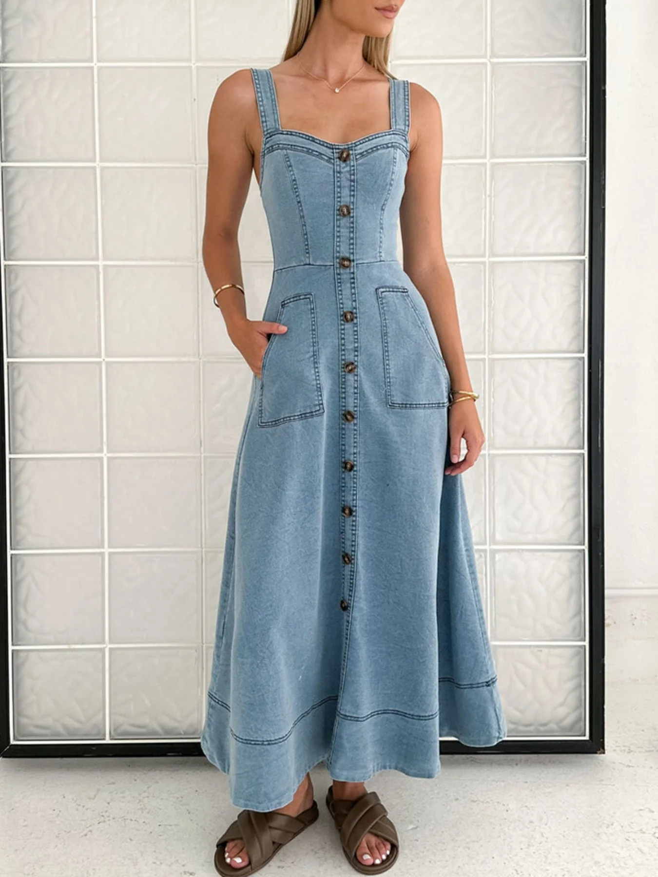 Decor Button Front A-Line Denim Dress - Image 3