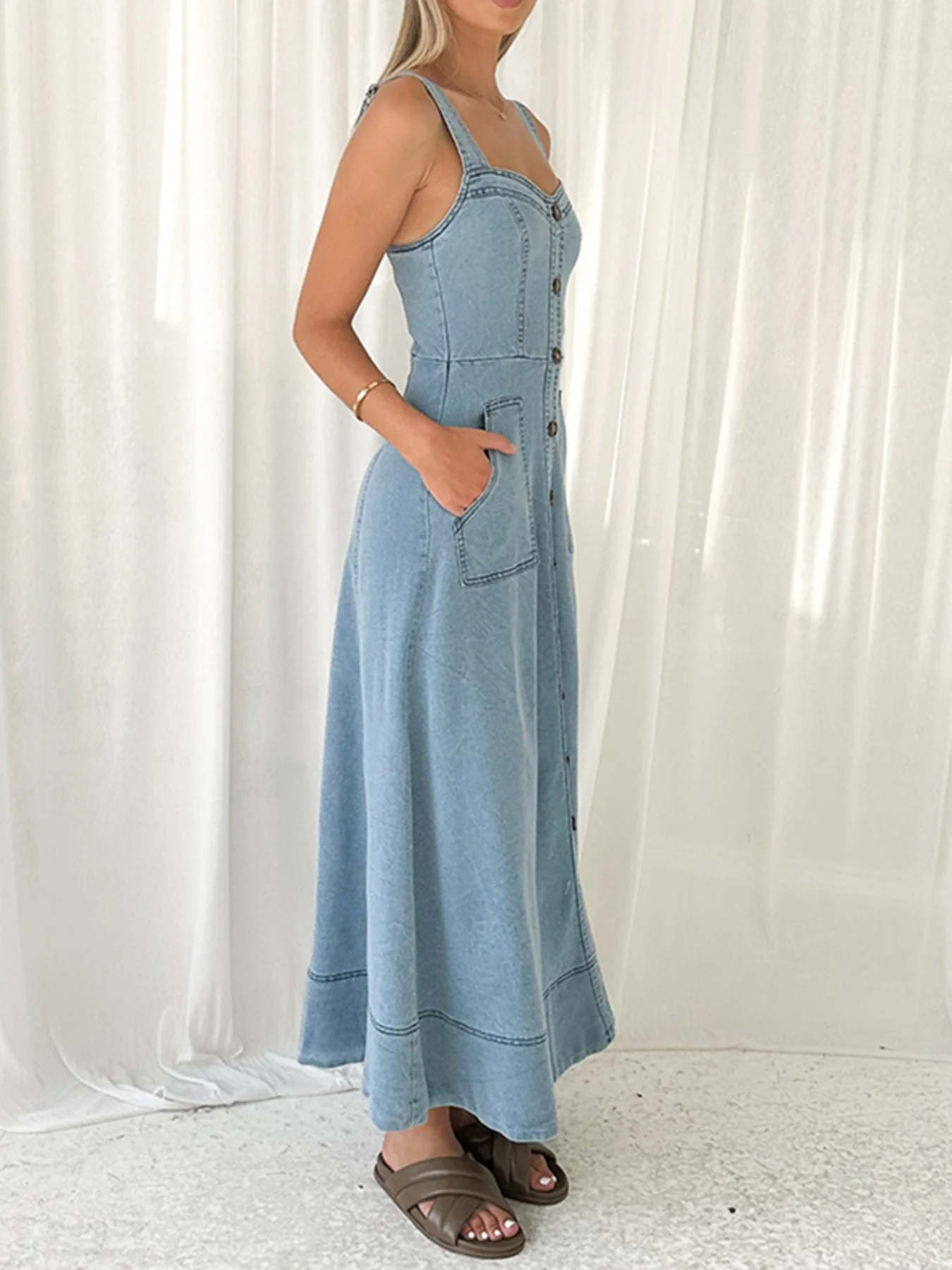 Decor Button Front A-Line Denim Dress - Image 4