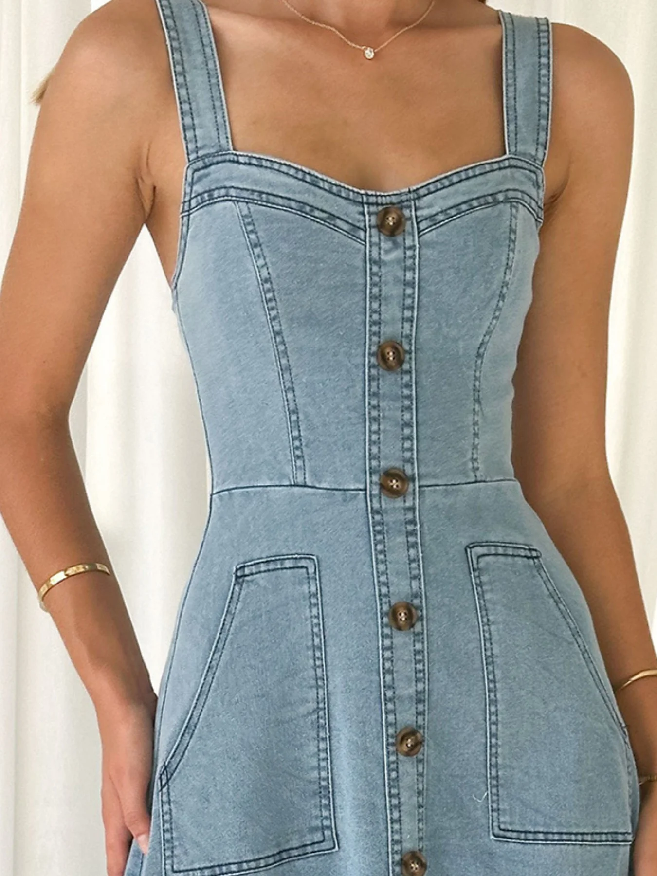 Decor Button Front A-Line Denim Dress - Image 5