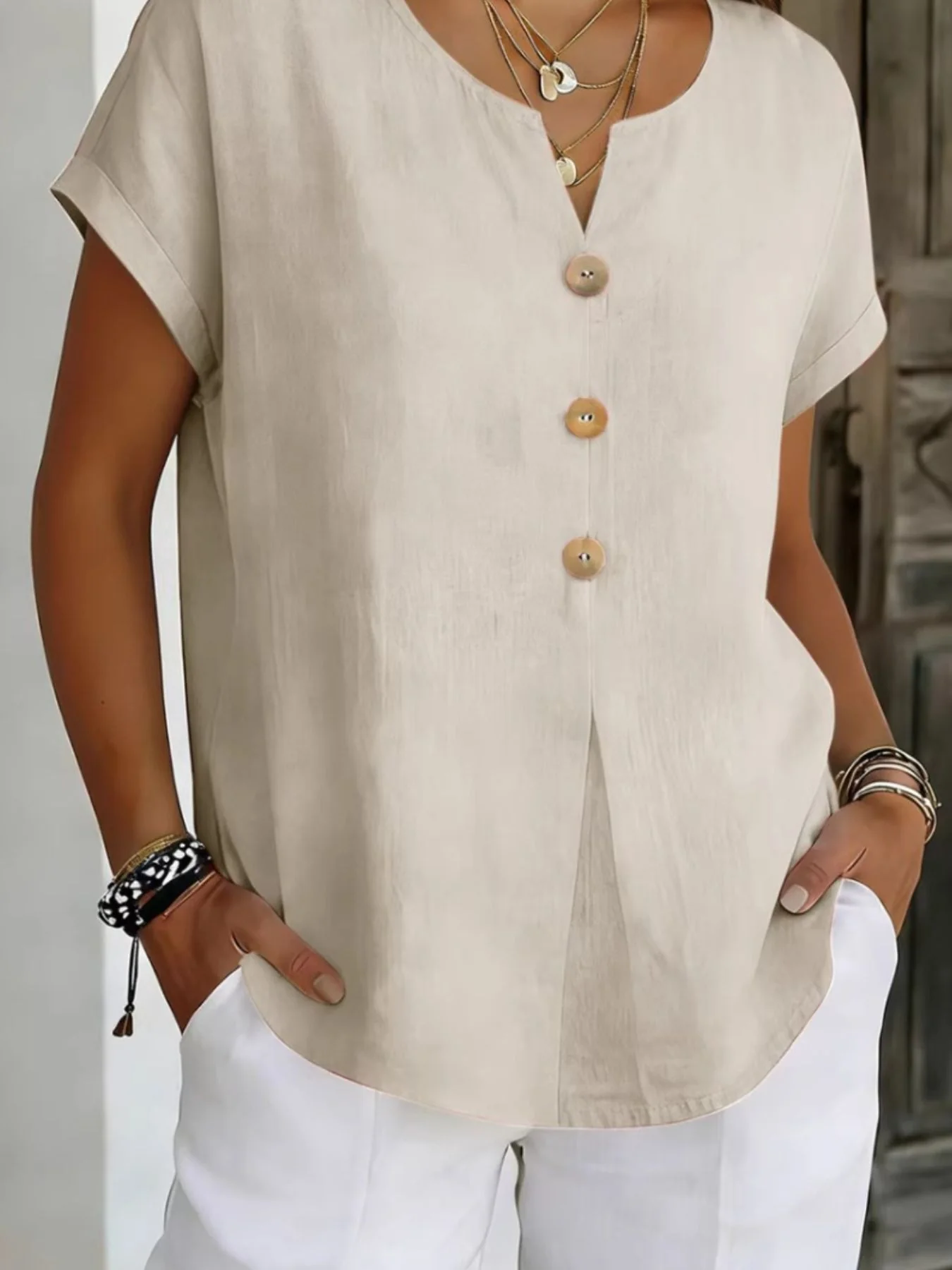 Decor Button Short Sleeve Blouse - Image 12